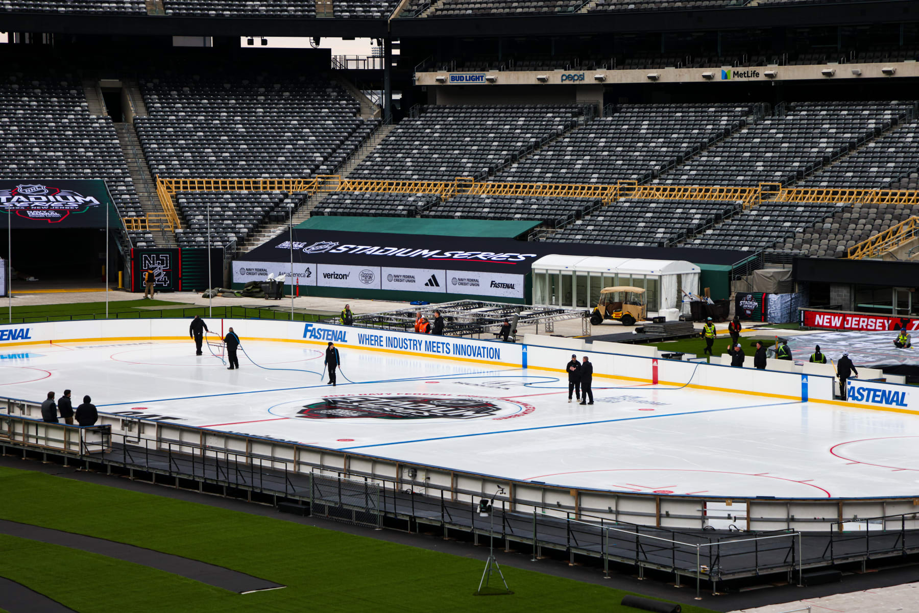 EAST RUTHERFORD, NJ - FEBRUARY11: Overview of the build-out in preparation for the 2024 Navy Federal Credit Union NHL Stadium Series at MetLife Stadium on February 11, 2024 in East Rutherford, New Jersey. (Photo by Jared Silber/NHLI via Getty Images)