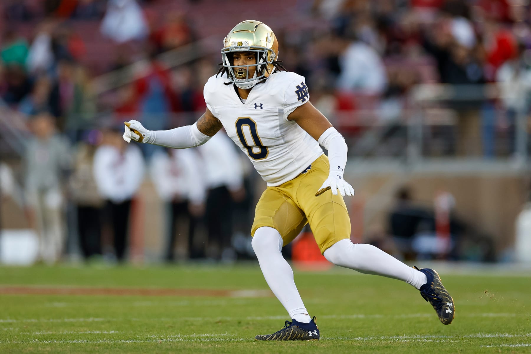 STANFORD, CALIFORNIA - NOVEMBER 25: Xavier Watts #0 of the Notre Dame Fighting Irish defends in coverage during a game against the Stanford Cardinal at Stanford Stadium on November 25, 2023 in Stanford, California. (Photo by Brandon Sloter/Image Of Sport/Getty Images)
