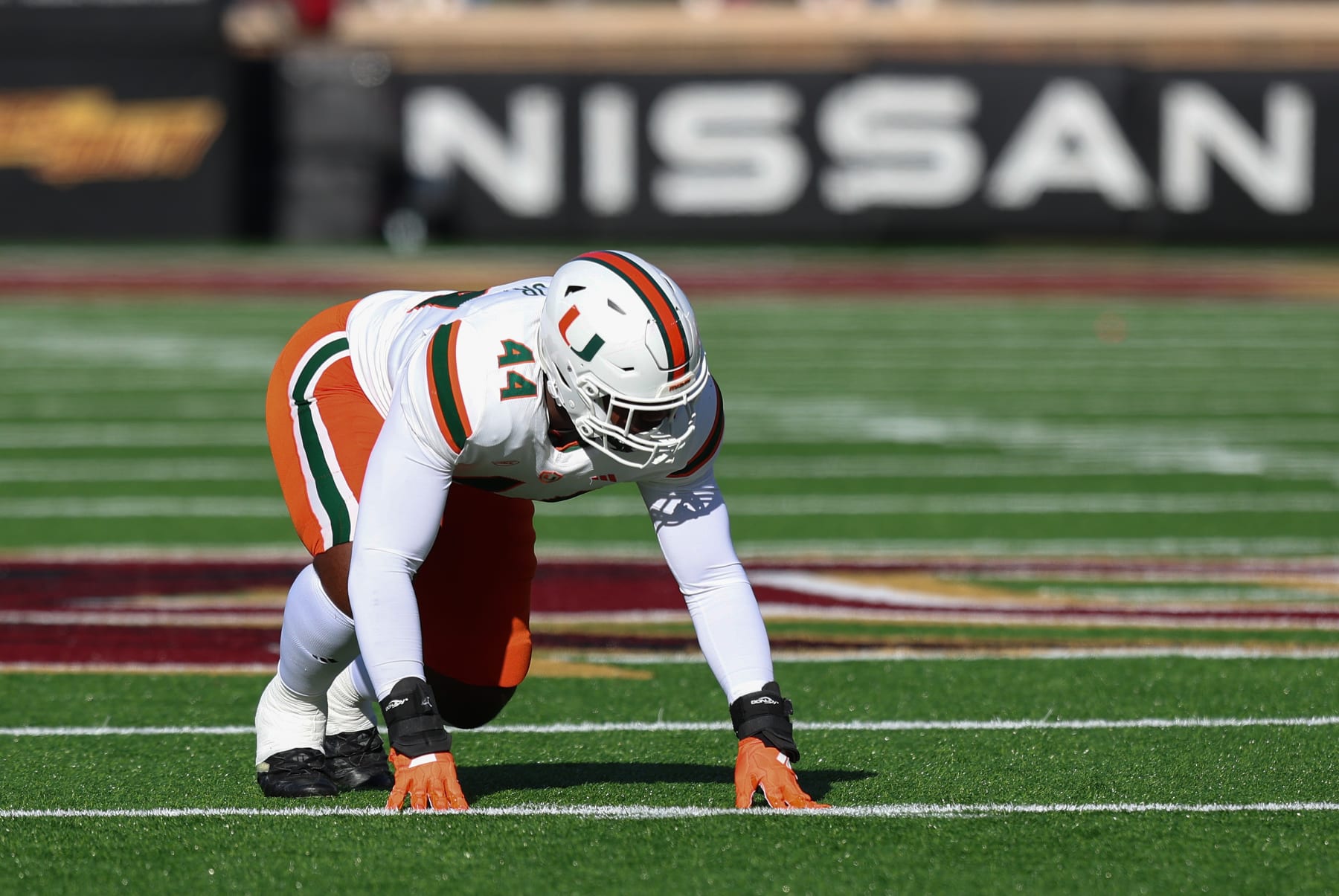 CHESTNUT HILL, MA - NOVEMBER 24: Miami Hurricanes defensive lineman Rueben Bain Jr. (44) in action during the college football game between Miami Hurricanes and Boston College Eagles on November 24, 2023, at Alumni Stadium in Chestnut Hill, MA. (Photo by M. Anthony Nesmith/Icon Sportswire via Getty Images)
