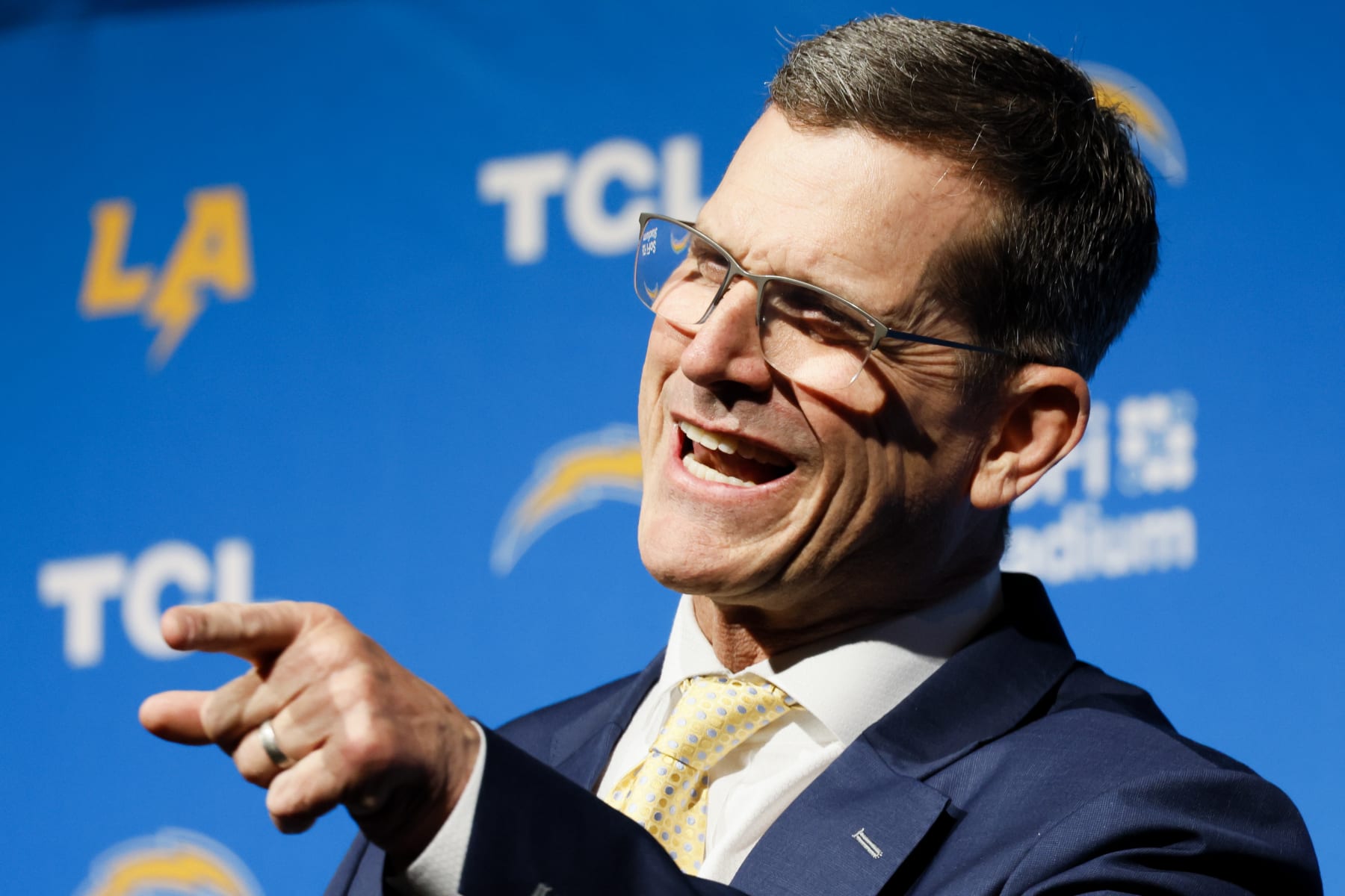 INGLEWOOD, CA - FEBRUARY 01: New Los Angeles Chargers Head Coach Jim Harbaugh speaks during his introductory press conference for at YouTube Theater in Inglewood Thursday, Feb. 1, 2024. (Allen J. Schaben / Los Angeles Times via Getty Images)