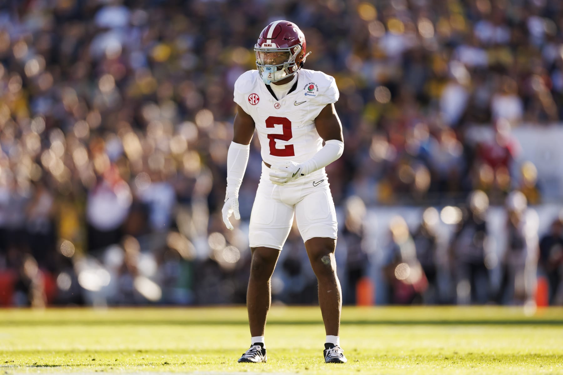PASADENA, CALIFORNIA - JANUARY 01: Defensive back Caleb Downs #2 of the Alabama Crimson Tide defends in coverage during the CFP Semifinal Rose Bowl Game against the Michigan Wolverines at Rose Bowl Stadium on January 1, 2024 in Pasadena, California. (Photo by Ryan Kang/Getty Images)