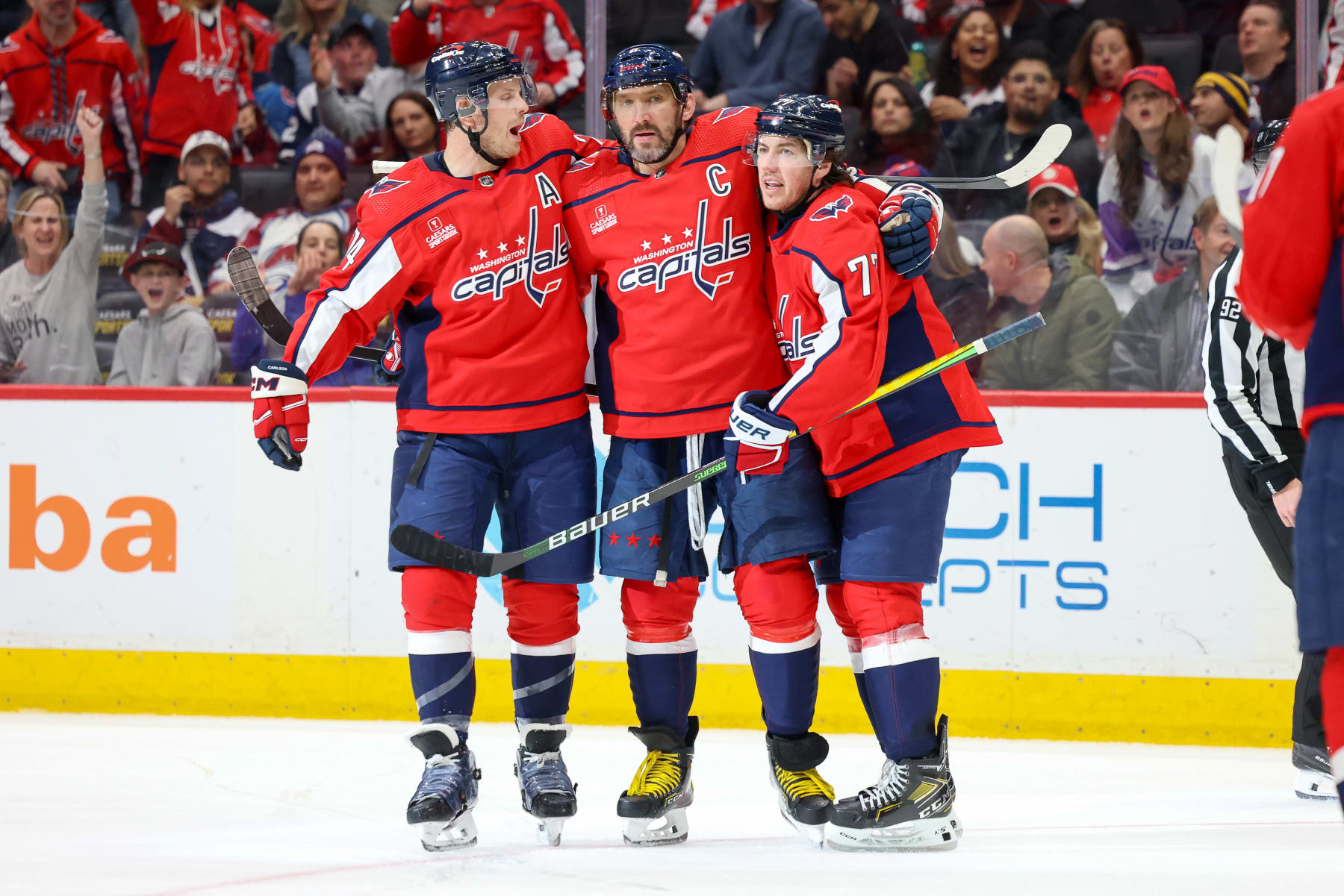 WASHINGTON, DC - FEBRUARY 13: Alex Ovechkin #8 of the Washington Capitals celebrates a goal in the third period during a game against the Colorado Avalanche at Capital One Arena on February 13, 2024 in Washington, D.C. (Photo by John McCreary/NHLI via Getty Images)