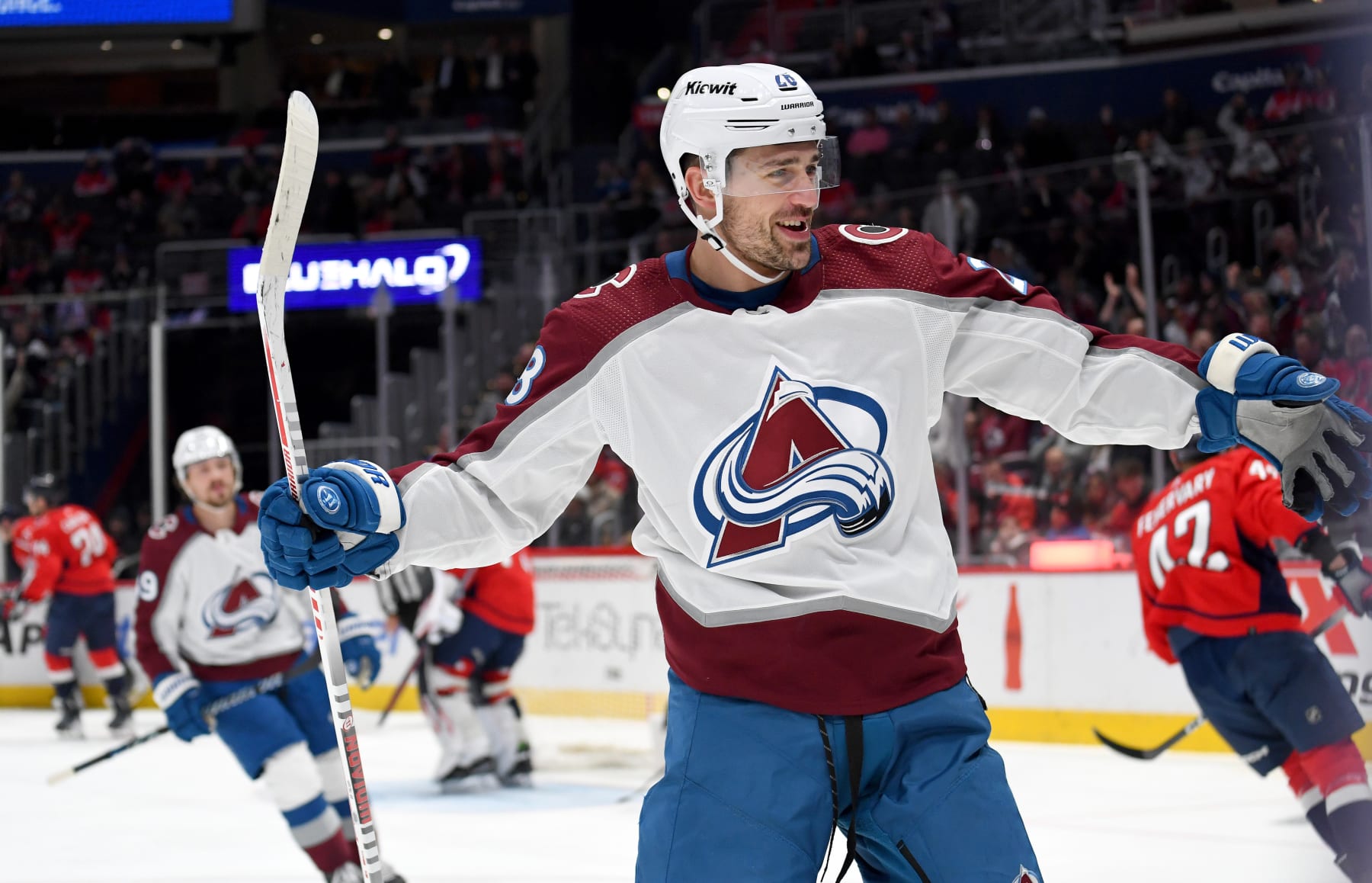 WASHINGTON, DC - FEBRUARY 13: Avalanche left wing Miles Wood (28) celebrates after the first goal of the game during the Colorado Avalanche versus Washington Capitals National Hockey League game on February 13, 2024 at Capital One Arena in Washington, D.C.. (Photo by Randy Litzinger/Icon Sportswire via Getty Images)
