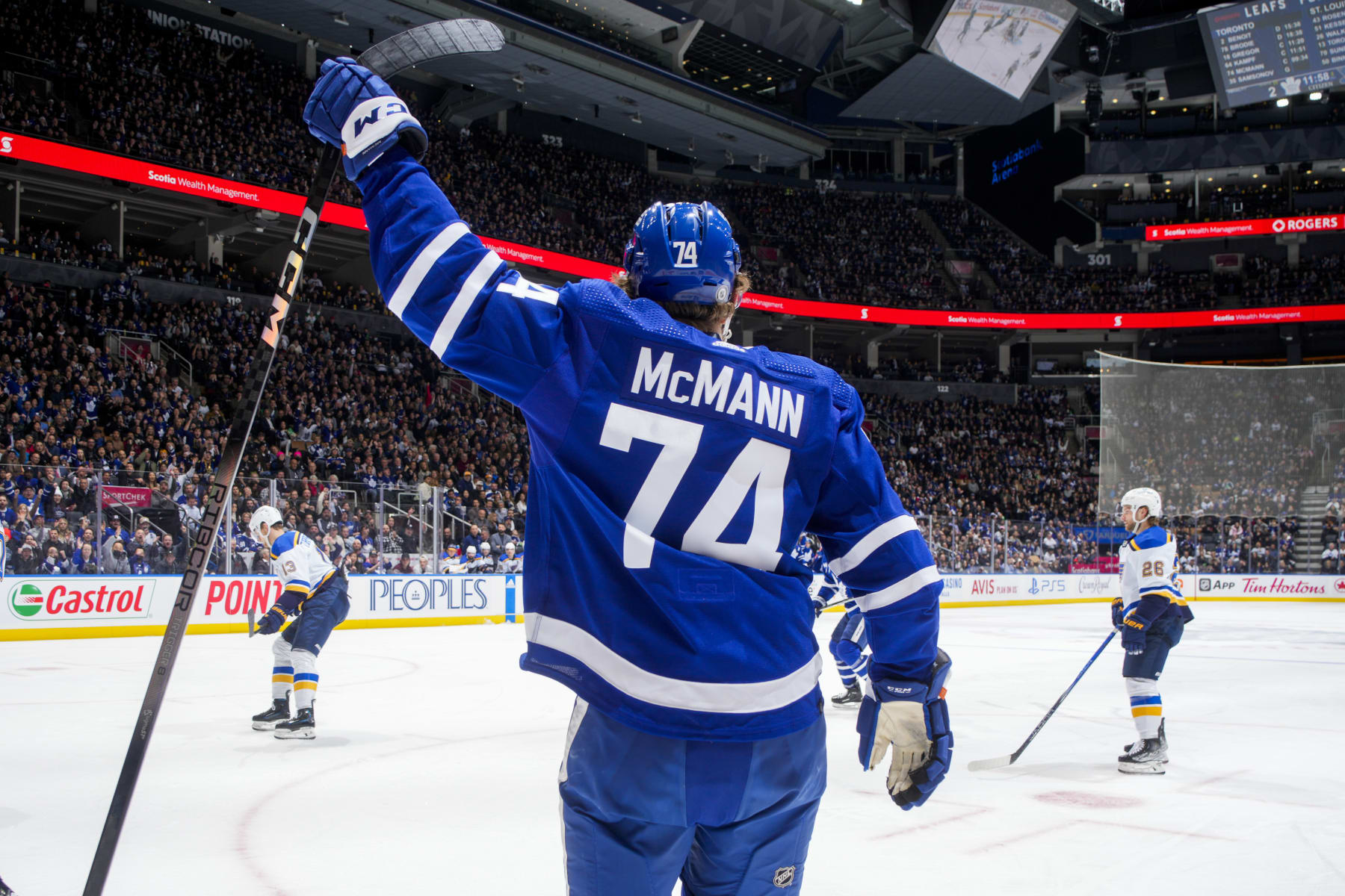 TORONTO, ON - FEBRUARY 13: Bobby McMann #74 of the Toronto Maple Leafs celebrates his second goal of the game against the St. Louis Blues during the third period at Scotiabank Arena on February 13, 2024 in Toronto, Ontario, Canada. (Photo by Mark Blinch/NHLI via Getty Images)