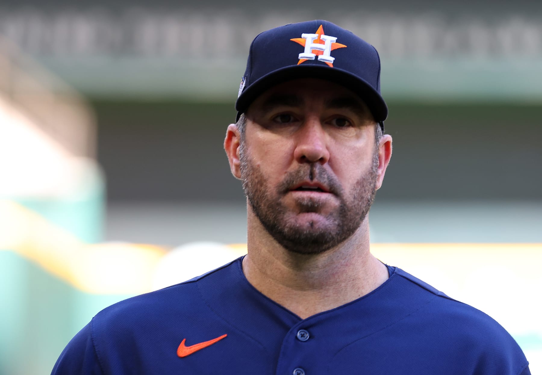 ARLINGTON, TEXAS - OCTOBER 17: Justin Verlander #35 of the Houston Astros walks to the dugout after working out before Game Three of the American League Championship Series at Globe Life Field on October 17, 2023 in Arlington, Texas. (Photo by Richard Rodriguez/Getty Images)