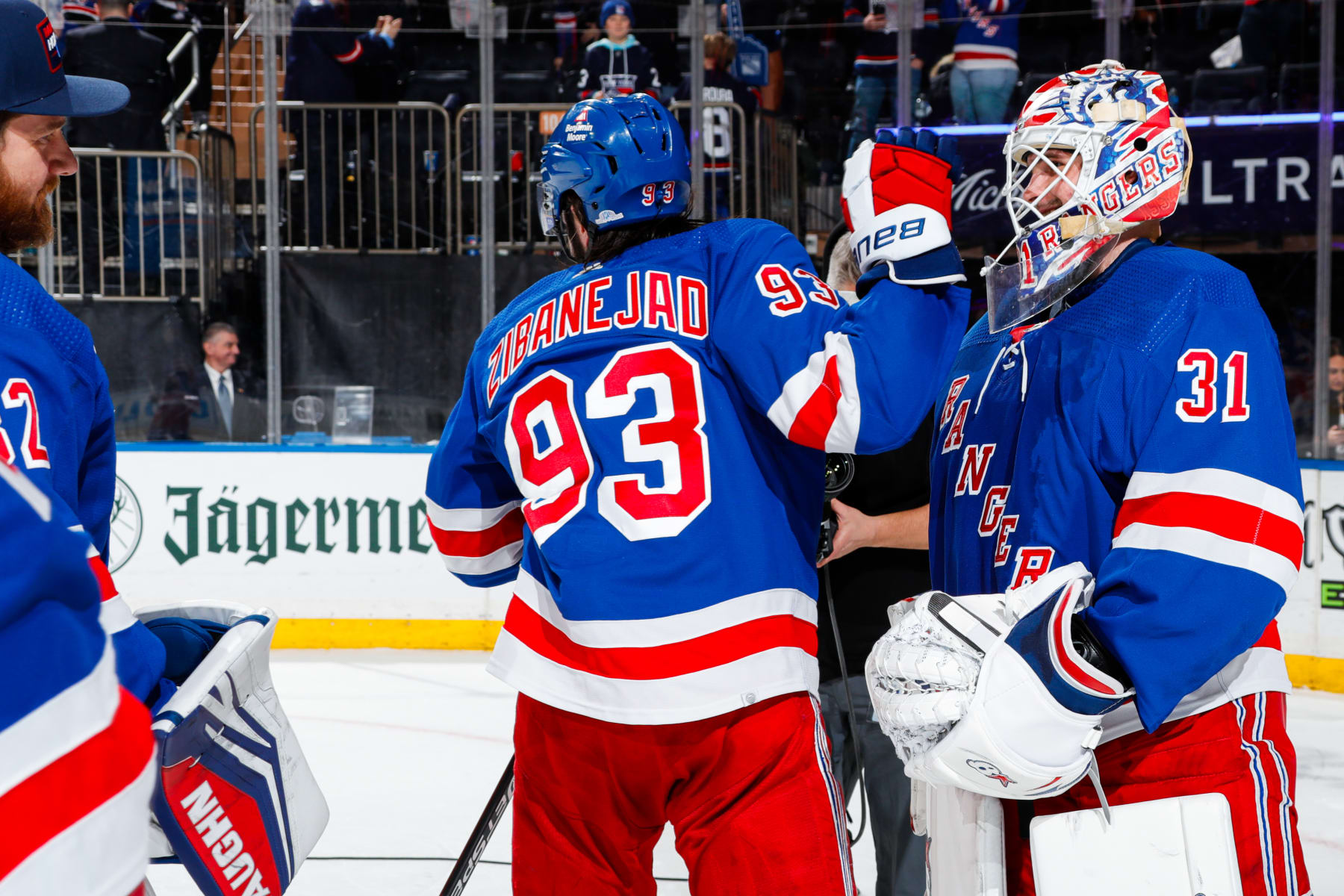 NEW YORK, NEW YORK - FEBRUARY 12: Igor Shesterkin #31 of the New York Rangers celebrates with teammates after recording a shutout in a 2-0 win against the Calgary Flames at Madison Square Garden on February 12, 2024 in New York City. (Photo by Jared Silber/NHLI via Getty Images)
