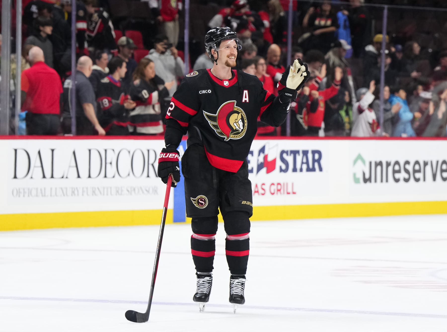 OTTAWA, CANADA - FEBRUARY 13: Thomas Chabot #72 of the Ottawa Senators waves to the crowd after his teams' 6-3 win against the Columbus Blue Jackets at Canadian Tire Centre on February 13, 2024 in Ottawa, Ontario, Canada. (Photo by Andrea Cardin/NHLI via Getty Images)