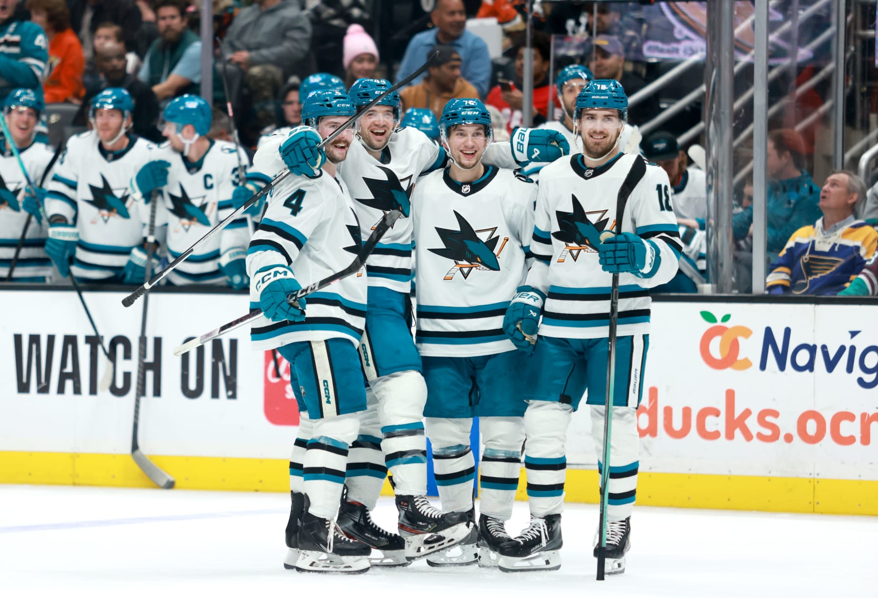 ANAHEIM, CALIFORNIA - JANUARY 31: Marc-Edouard Vlasic 44 of the San Jose Sharks celebrates scoring a goal with teammates William Eklund #72, Kyle Burroughs #4 and Filip Zadina #18 in the second period during the game against the Anaheim Ducks at Honda Center on January 31, 2024 in Anaheim, California. (Photo by Nicole Vasquez/NHLI via Getty Images)
