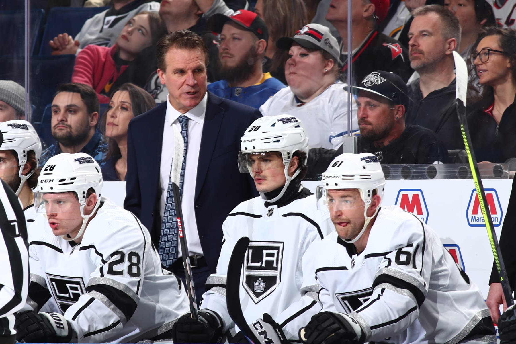BUFFALO, NEW YORK - FEBRUARY 13: Head coach Jim Hiller of the Los Angeles Kings watches playing during a 7-0 loss to the Buffalo Sabres during an NHL game on February 13, 2024 at KeyBank Center in Buffalo, New York. (Photo by Bill Wippert/NHLI via Getty Images)