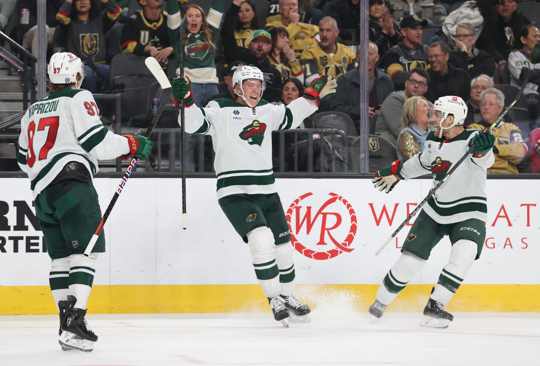 LAS VEGAS, NEVADA - FEBRUARY 12: Matt Boldy #12 of the Minnesota Wild celebrates after a goal during the third period against the Vegas Golden Knights at T-Mobile Arena on February 12, 2024 in Las Vegas, Nevada. (Photo by Zak Krill/NHLI via Getty Images)