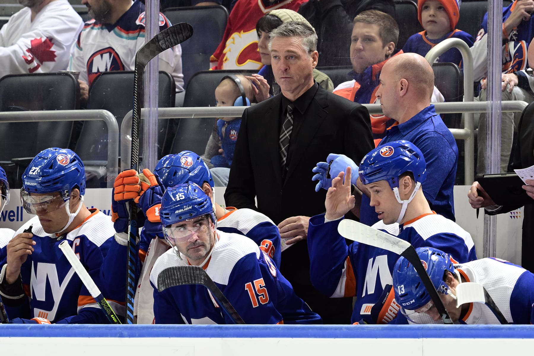 ELMONT, NEW YORK - FEBRUARY 10: Head coach Patrick Roy of the New York Islanders looks on against the Calgary Flames during the first period at UBS Arena on February 10, 2024 in Elmont, New York. (Photo by Steven Ryan/NHLI via Getty Images)