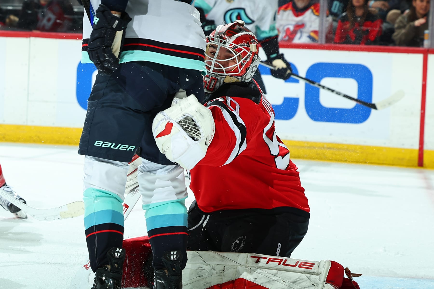 NEWARK, NJ - FEBRUARY 12: Nico Daws #50 of the New Jersey Devils defends his net in the second period of the game against the Seattle Kraken at the Prudential Center on February 12, 2024 in Newark, New Jersey. (Photo by Rich Graessle/NHLI via Getty Images)