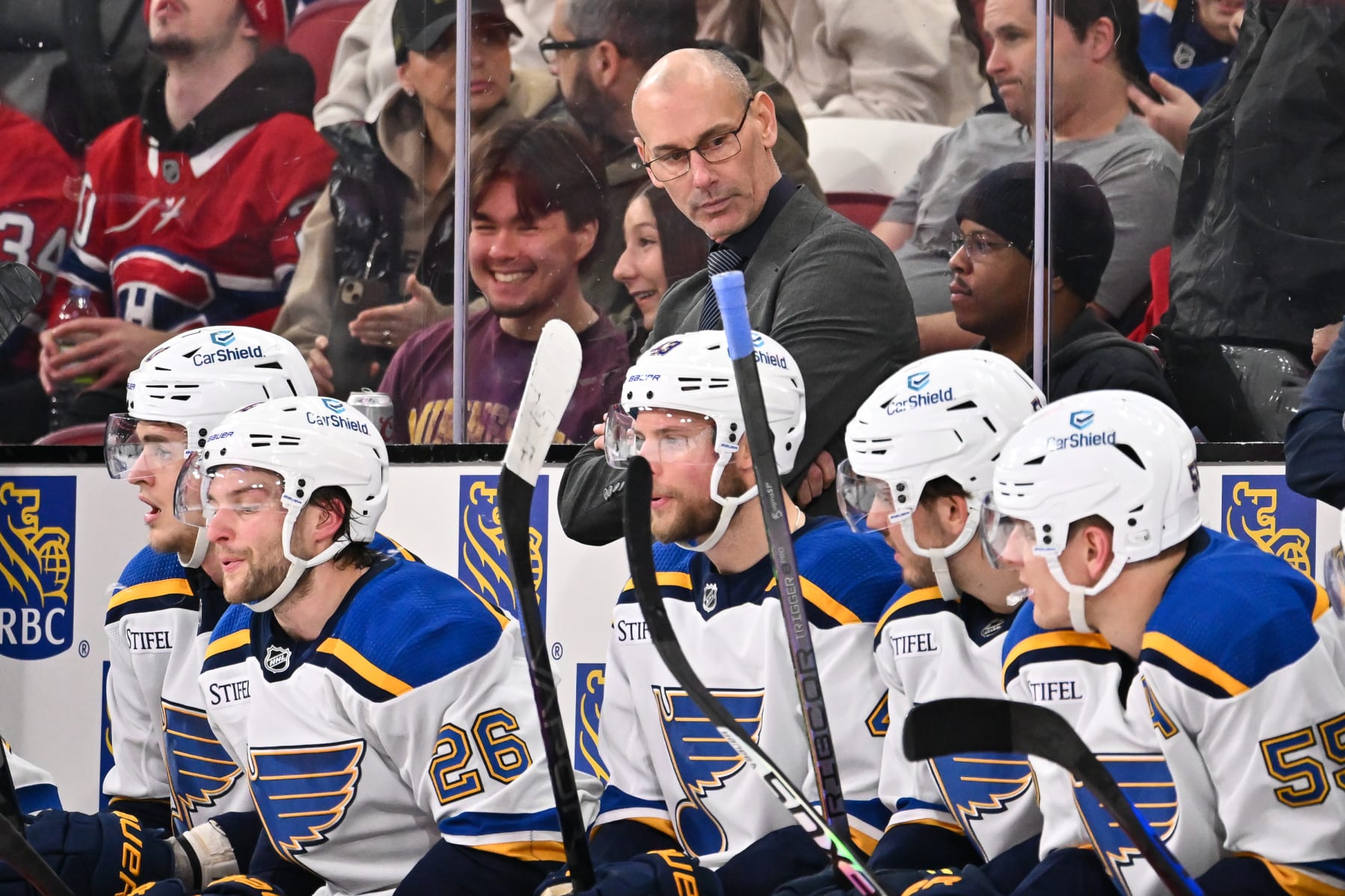 MONTREAL, CANADA - FEBRUARY 11: Interim head coach of the St. Louis Blues Drew Bannister, handles bench duties during the second period against the Montreal Canadiens at the Bell Centre on February 11, 2024 in Montreal, Quebec, Canada. The St. Louis Blues defeated the Montreal Canadiens 7-2. (Photo by Minas Panagiotakis/Getty Images)