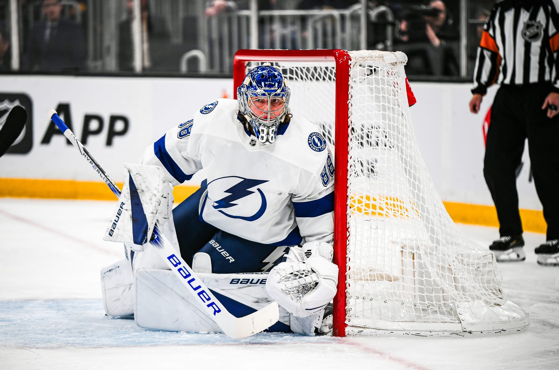 BOSTON, MASSACHUSETTS - FEBRUARY 13: Andrei Vasilevskiy #88 of the Tampa Bay Lightning tends the net during the first period against the Boston Bruins at TD Garden on February 13, 2024 in Boston, Massachusetts. (Photo by China Wong/NHLI via Getty Images)