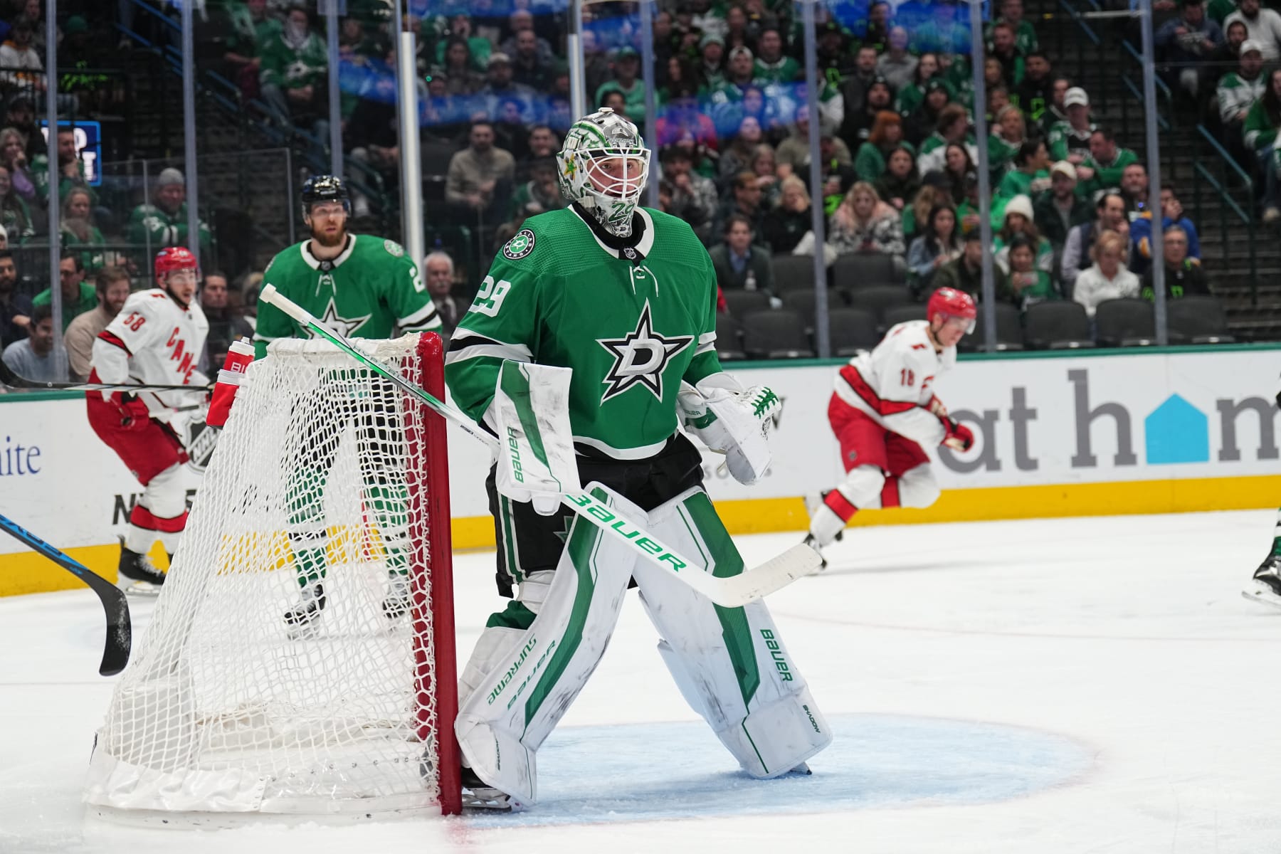 DALLAS, TX - FEBRUARY 13: Jake Oettinger #29 of the Dallas Stars tends goal against the Carolina Hurricanes at the American Airlines Center on February 13, 2024 in Dallas, Texas. (Photo by Glenn James/NHLI via Getty Images)