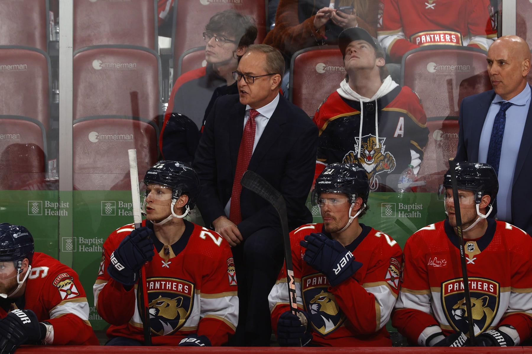 SUNRISE, FL - FEBRUARY 10: Head coach Paul Maurice of the Florida Panthers looks on during third period action against the Colorado Avalanche at the Amerant Bank Arena on February 10, 2024 in Sunrise, Florida. Maurice won his 850th win moving him into 5th overall as wins as an NHL head coach. (Photo by Joel Auerbach/Getty Images)
