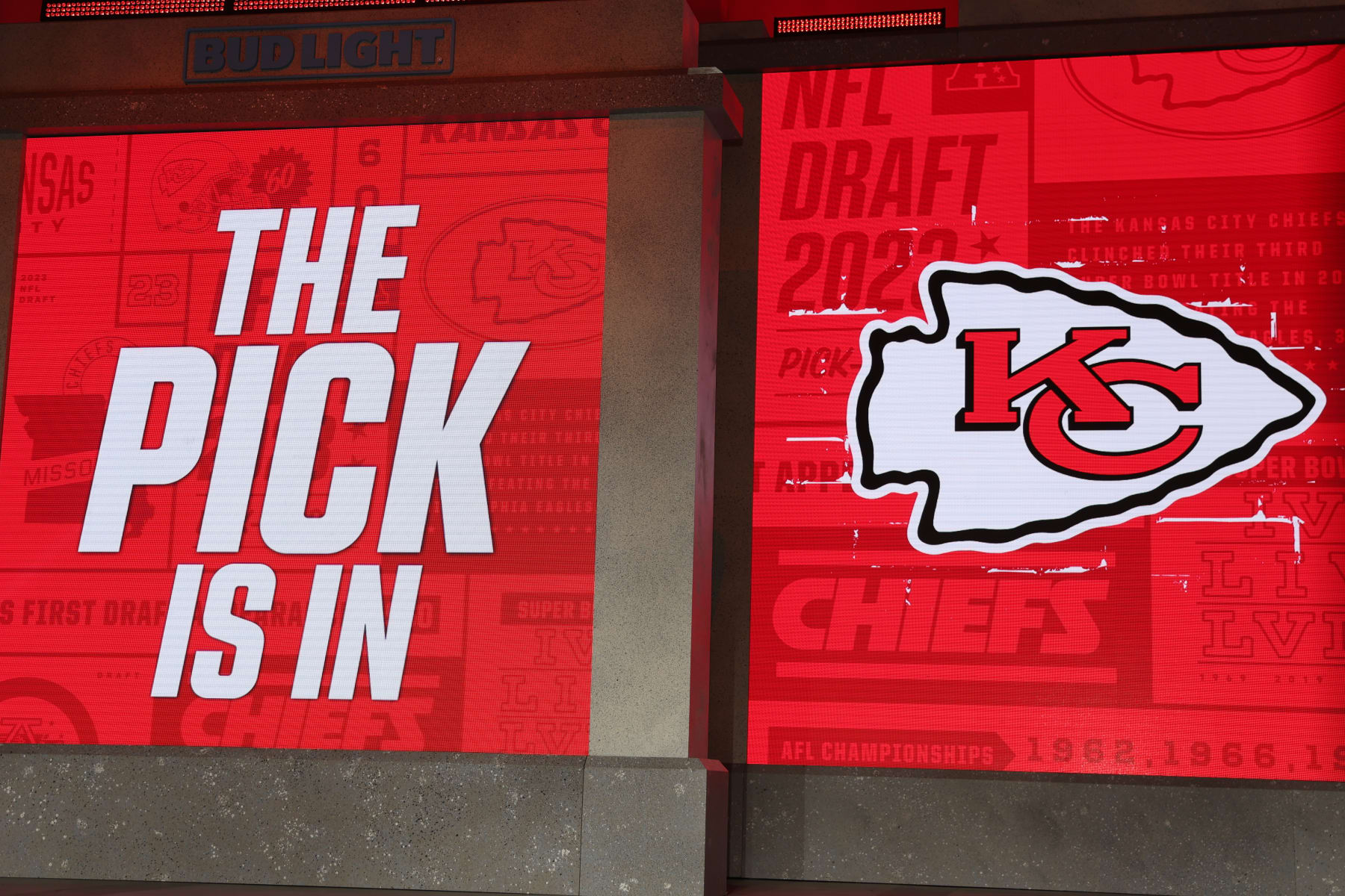 KANSAS CITY, MO - APRIL 27: A view of the Kansas City Chiefs logo as the screen reads "The Pick Is In" in the first round of the NFL Draft on April 27, 2023 at Union Station in Kansas City, MO. (Photo by Scott Winters/Icon Sportswire via Getty Images)