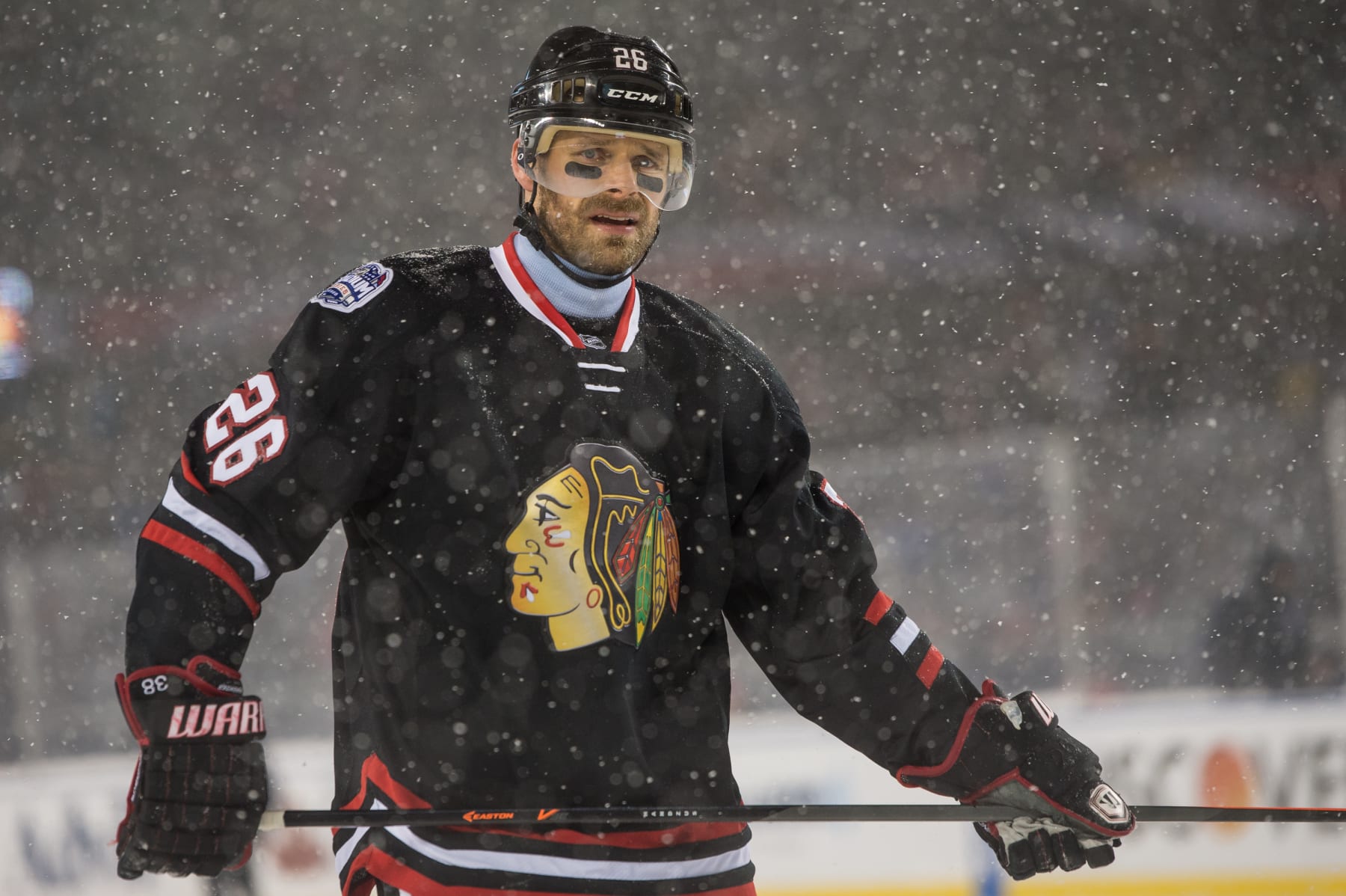 CHICAGO, IL - MARCH 1: Michal Handzus #26 of the Chicago Blackhawks looks on during the 2014 NHL Stadium Series against the Pittsburgh Penguins on March 01, 2014 at Soldier Field in Chicago, Illinois. (Photo by Bill Smith/NHLI via Getty Images)