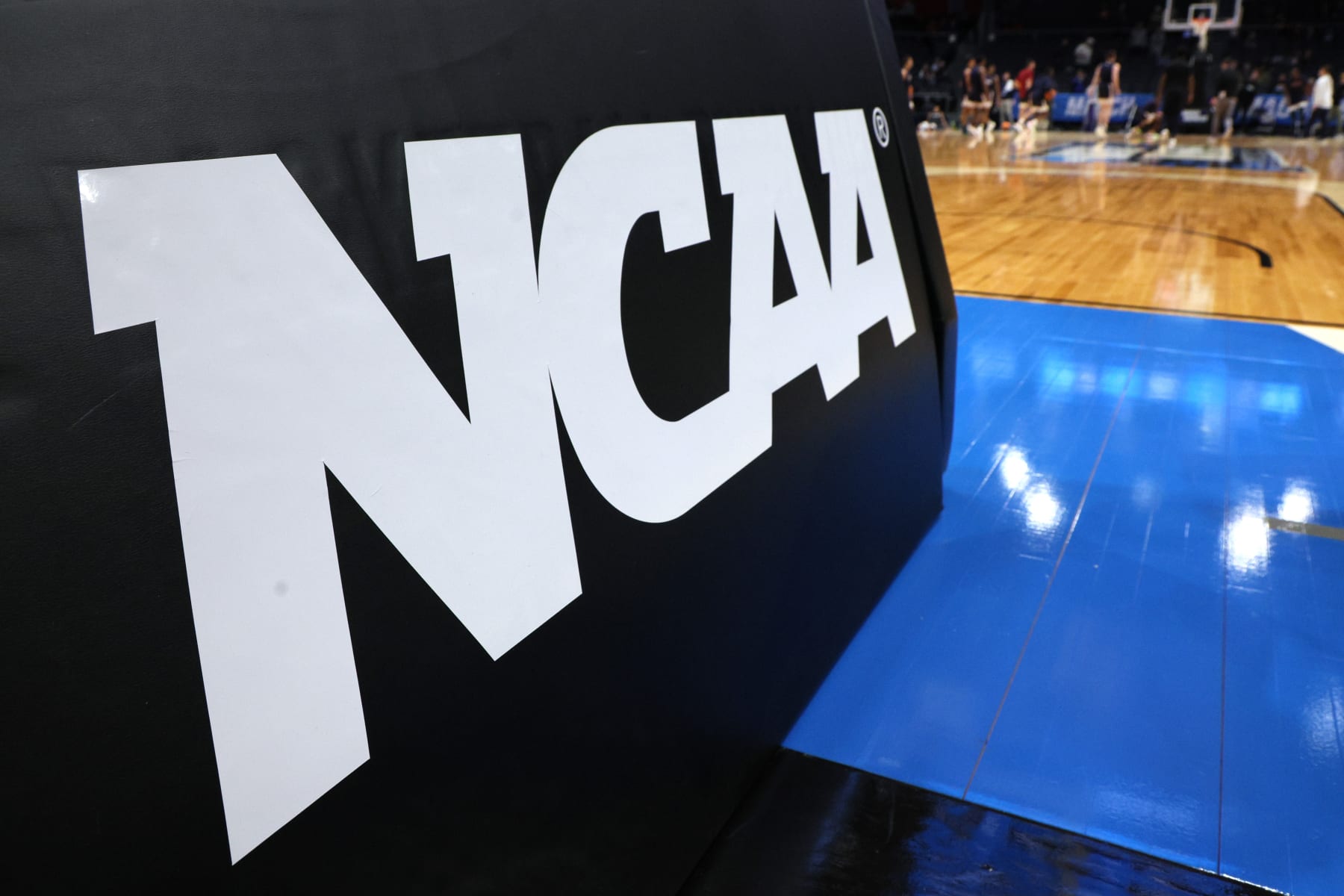 DAYTON, OHIO - MARCH 15: A detailed view of a NCAA logo is seen prior to a First Four game of the NCAA Men's Basketball Tournament at University of Dayton Arena on March 15, 2023 in Dayton, Ohio. (Photo by Andy Lyons/Getty Images)