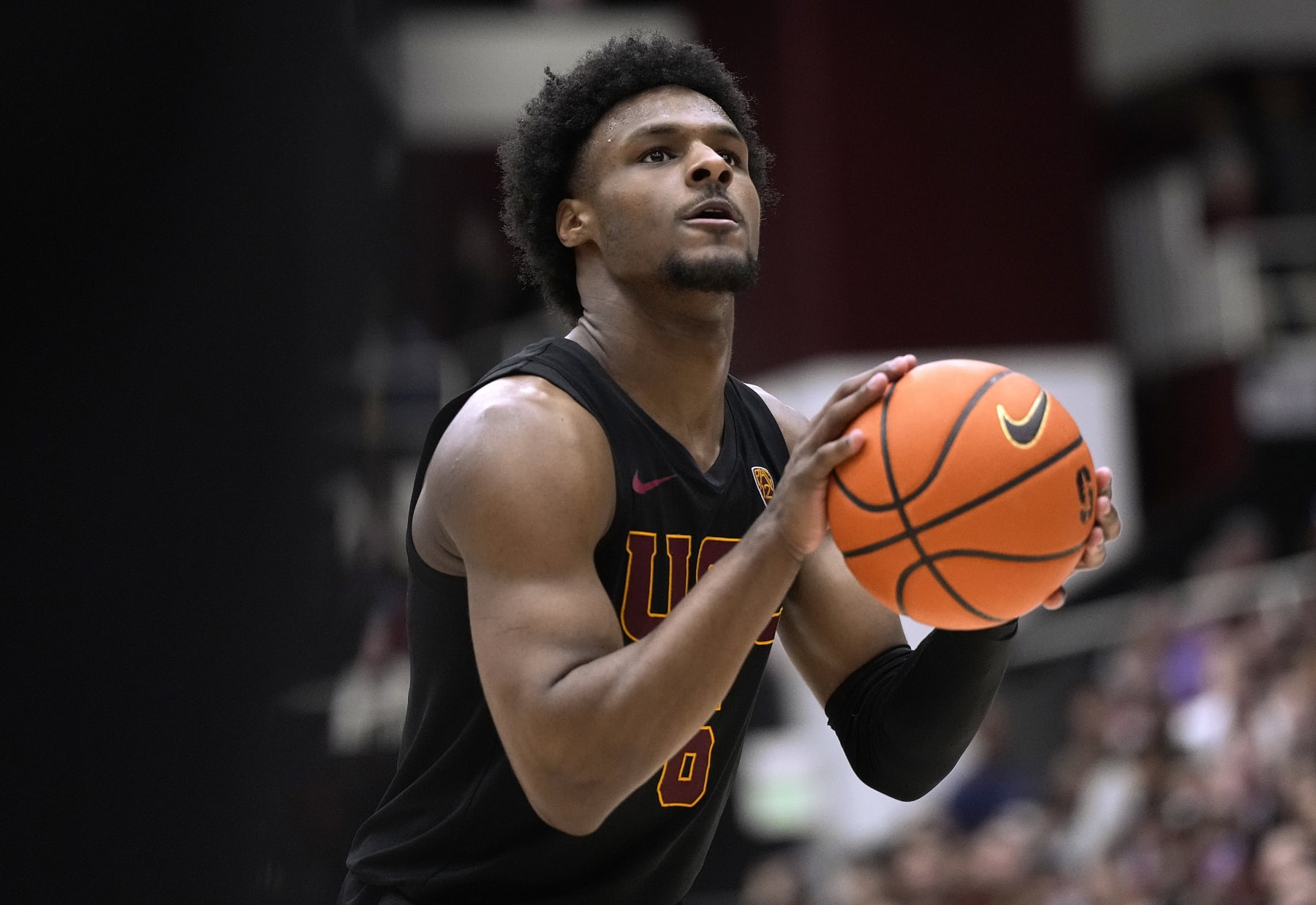 PALO ALTO, CALIFORNIA - FEBRUARY 10: Bronny James #6 of the USC Trojans shoots a foul shot against the Stanford Cardinal during the second half of an NCAA basketball game at Stanford Maples Pavilion on February 10, 2024 in Palo Alto, California. (Photo by Thearon W. Henderson/Getty Images)