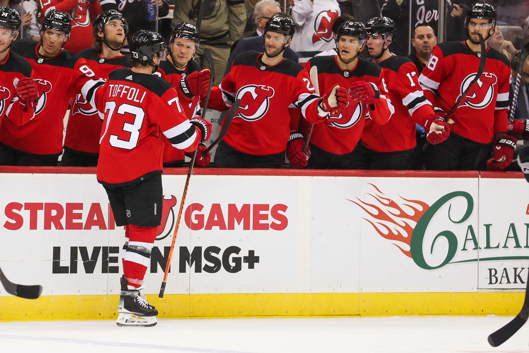 NEWARK, NJ - FEBRUARY 15: New Jersey Devils right wing Tyler Toffoli (73) celebrates after scoring a goal during a game between the Los Angeles Kings and New Jersey Devils on February 15, 2024 at Prudential Center in the Newark, New Jersey.(Photo by Andrew Mordzynski/Icon Sportswire via Getty Images)