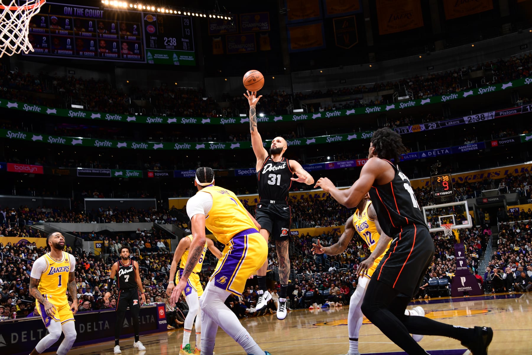 LOS ANGELES, CA - February 13: Evan Fournier #31 of the Detroit Pistons shoots the ball during the game against the Los Angeles Lakers on February 13, 2024 at Crypto.Com Arena in Los Angeles, California. NOTE TO USER: User expressly acknowledges and agrees that, by downloading and/or using this Photograph, user is consenting to the terms and conditions of the Getty Images License Agreement. Mandatory Copyright Notice: Copyright 2024 NBAE (Photo by Adam Pantozzi/NBAE via Getty Images)