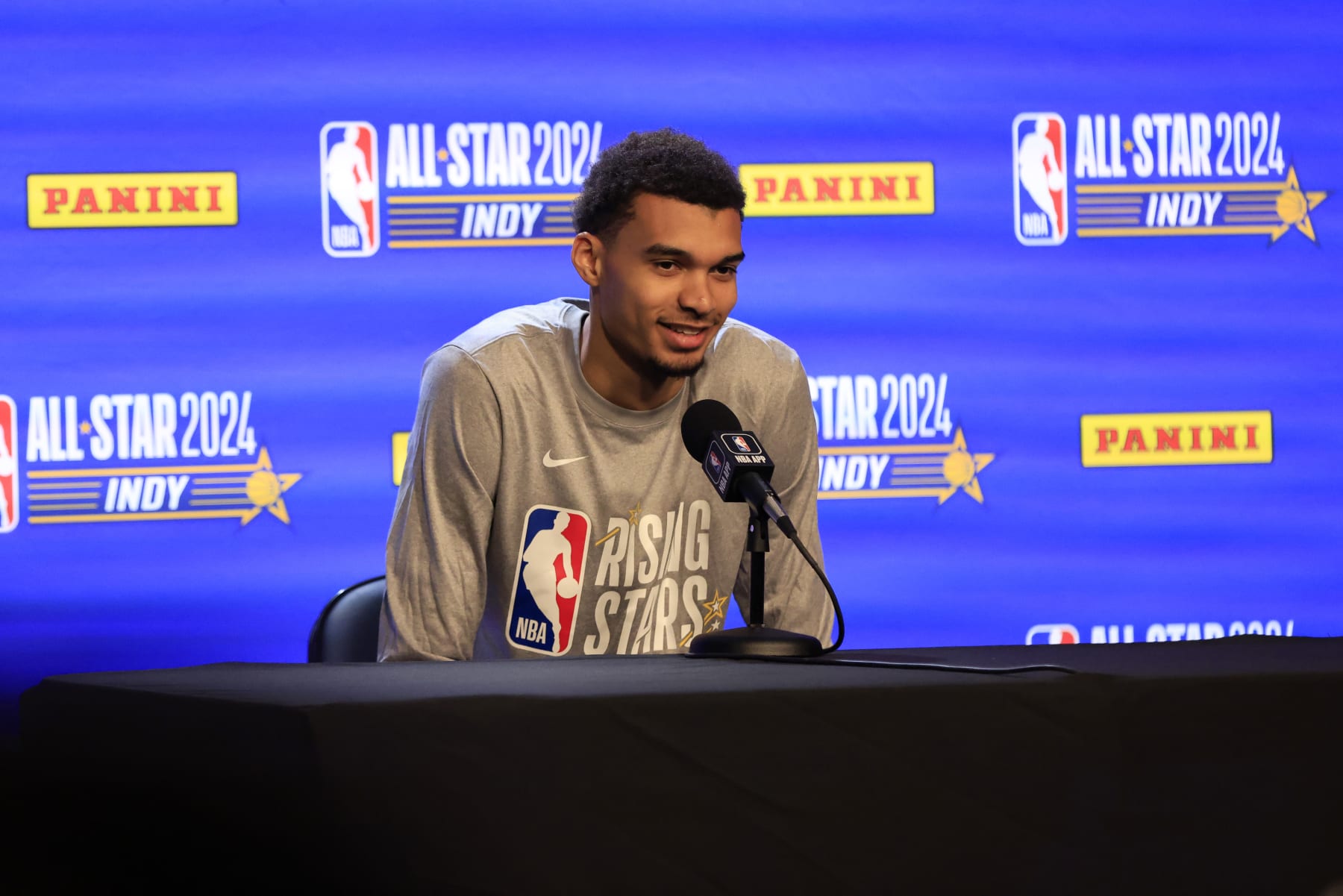 INDIANAPOLIS, INDIANA - FEBRUARY 16: Victor Wembanyama #1 of the San Antonio Spurs speaks to the media prior to the Rising Star practice at Gainbridge Fieldhouse on February 16, 2024 in Indianapolis, Indiana. (Photo by Justin Casterline/Getty Images)