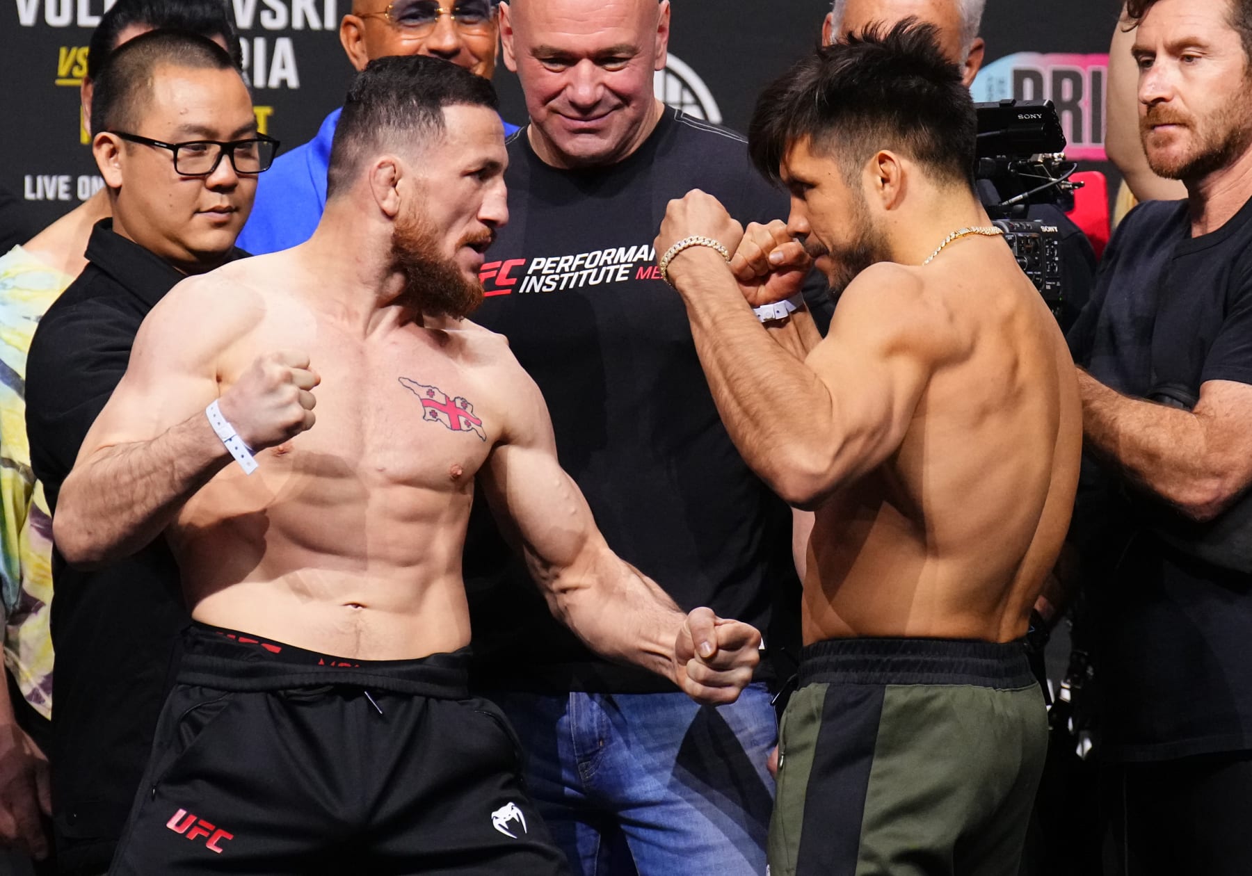 ANAHEIM, CALIFORNIA - FEBRUARY 16: (L-R) Opponents Merab Dvalishvili of Georgia and Henry Cejudo face off during the UFC 298 ceremonial weigh-in at Honda Center on February 16, 2024 in Anaheim, California. (Photo by Chris Unger/Zuffa LLC via Getty Images)