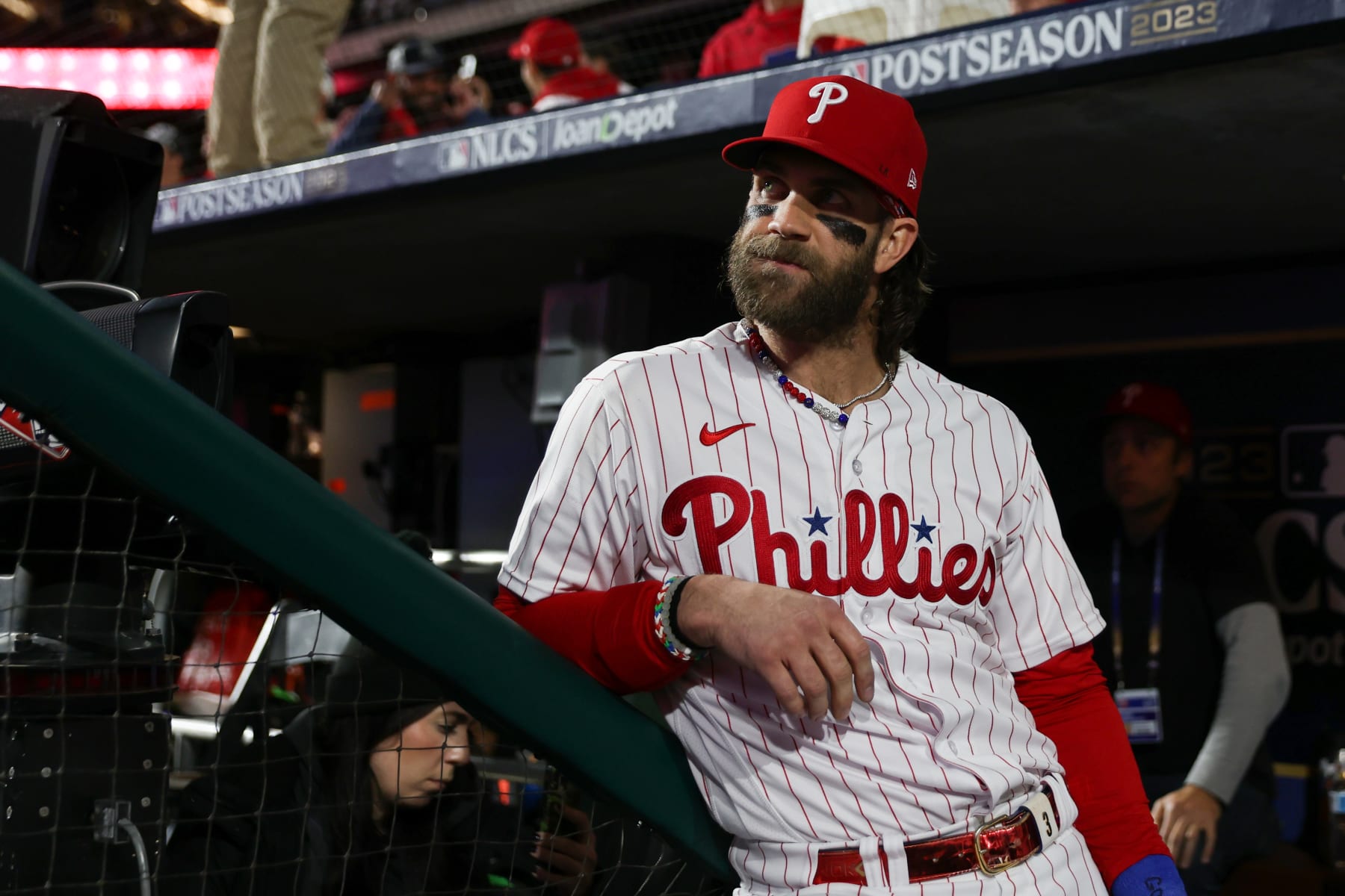 PHILADELPHIA, PA - OCTOBER 24: Bryce Harper #3 of the Philadelphia Phillies looks on prior to Game 7 of the NLCS between the Arizona Diamondbacks and the Philadelphia Phillies at Citizens Bank Park on Tuesday, October 24, 2023 in Philadelphia, Pennsylvania. (Photo by Rob Tringali/MLB Photos via Getty Images)