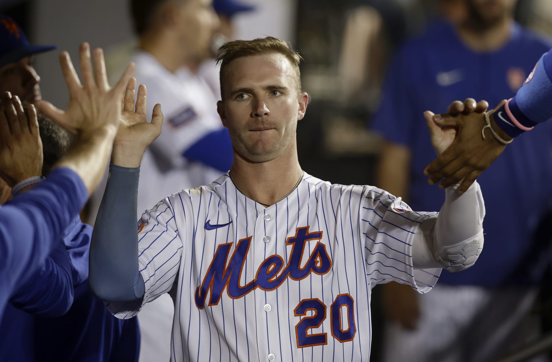 NEW YORK, NEW YORK - AUGUST 13: Pete Alonso #20 of the New York Mets in action against the Atlanta Braves at Citi Field on August 13, 2023 in New York City. The Mets defeated the Braves 7-6. (Photo by Jim McIsaac/Getty Images)
