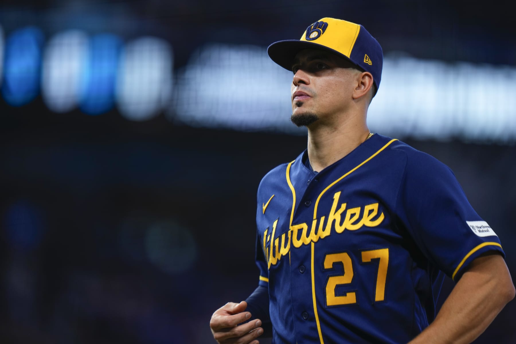 MIAMI, FLORIDA - SEPTEMBER 24: Willy Adames #27 of the Milwaukee Brewers leaves the field against the Miami Marlins during the seventh inning at loanDepot park on September 24, 2023 in Miami, Florida. (Photo by Rich Storry/Getty Images)