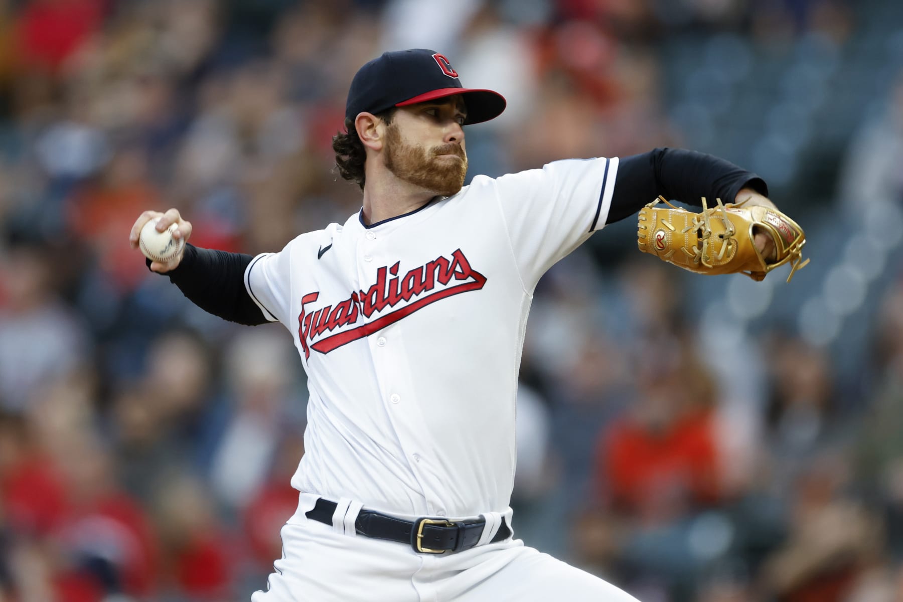 CLEVELAND, OH - SEPTEMBER 22: Shane Bieber #57 of the Cleveland Guardians pitches against the Baltimore Orioles during the first inning at Progressive Field on September 22, 2023 in Cleveland, Ohio. (Photo by Ron Schwane/Getty Images)