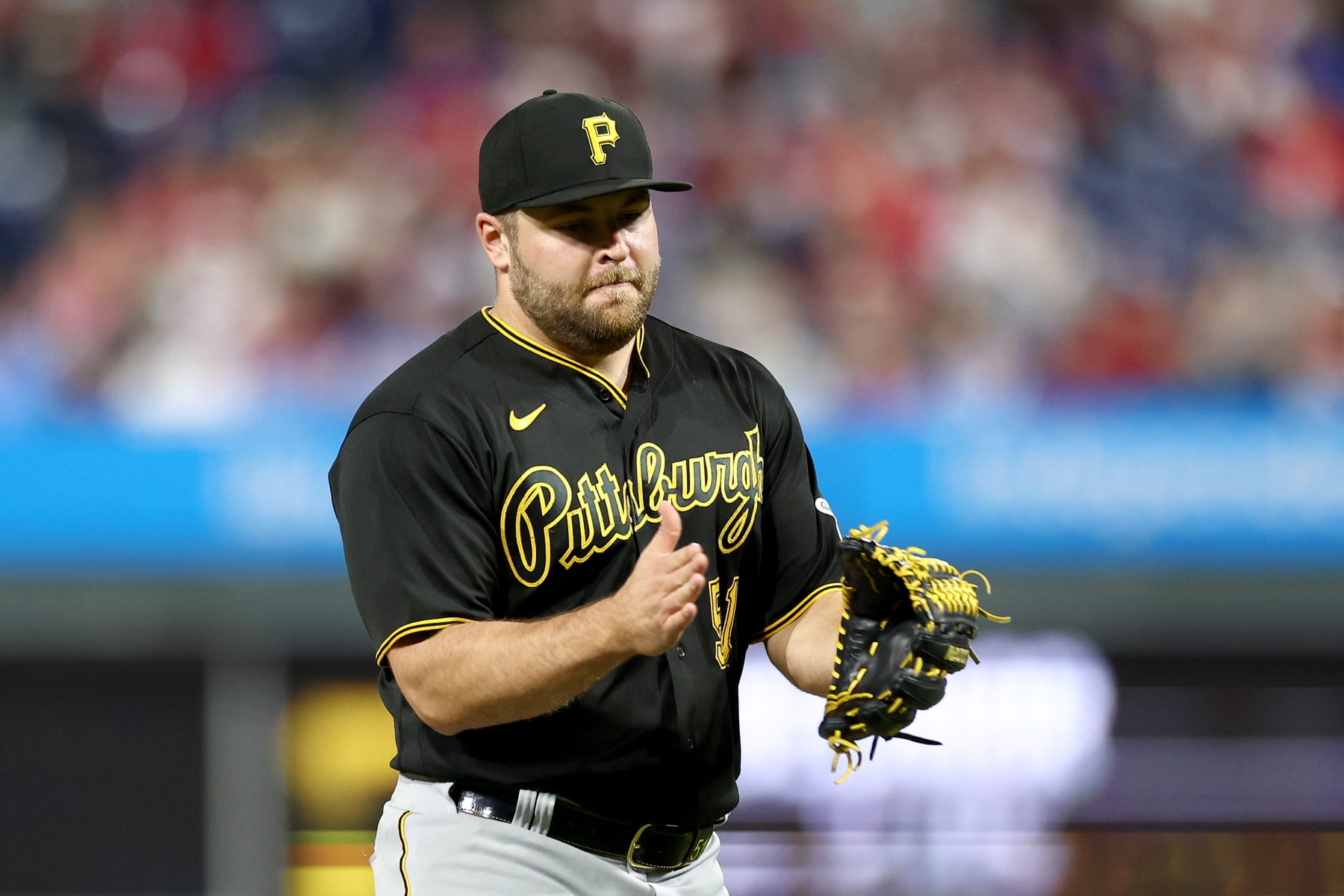 PHILADELPHIA, PENNSYLVANIA - SEPTEMBER 28: David Bednar #51 of the Pittsburgh Pirates reacts after defeating the Philadelphia Phillies at Citizens Bank Park on September 28, 2023 in Philadelphia, Pennsylvania. (Photo by Tim Nwachukwu/Getty Images)