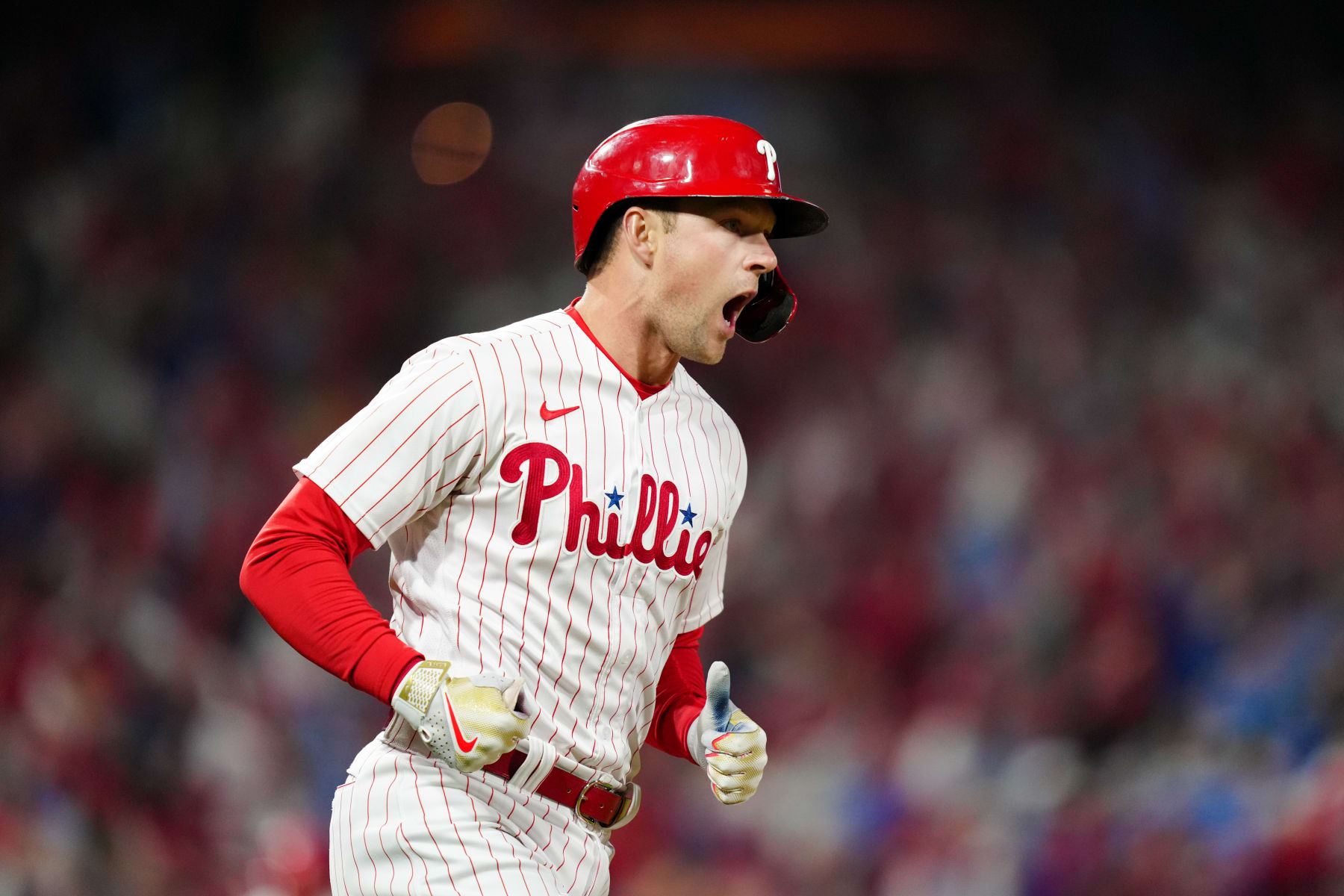 PHILADELPHIA, PA - OCTOBER 22: Rhys Hoskins #17 of the Philadelphia Phillies reacts after hitting a two-run home run in the fifth inning during Game 4 of the NLCS between the San Diego Padres and the Philadelphia Phillies at Citizens Bank Park on Saturday, October 22, 2022 in Philadelphia, Pennsylvania. (Photo by Daniel Shirey/MLB Photos via Getty Images)