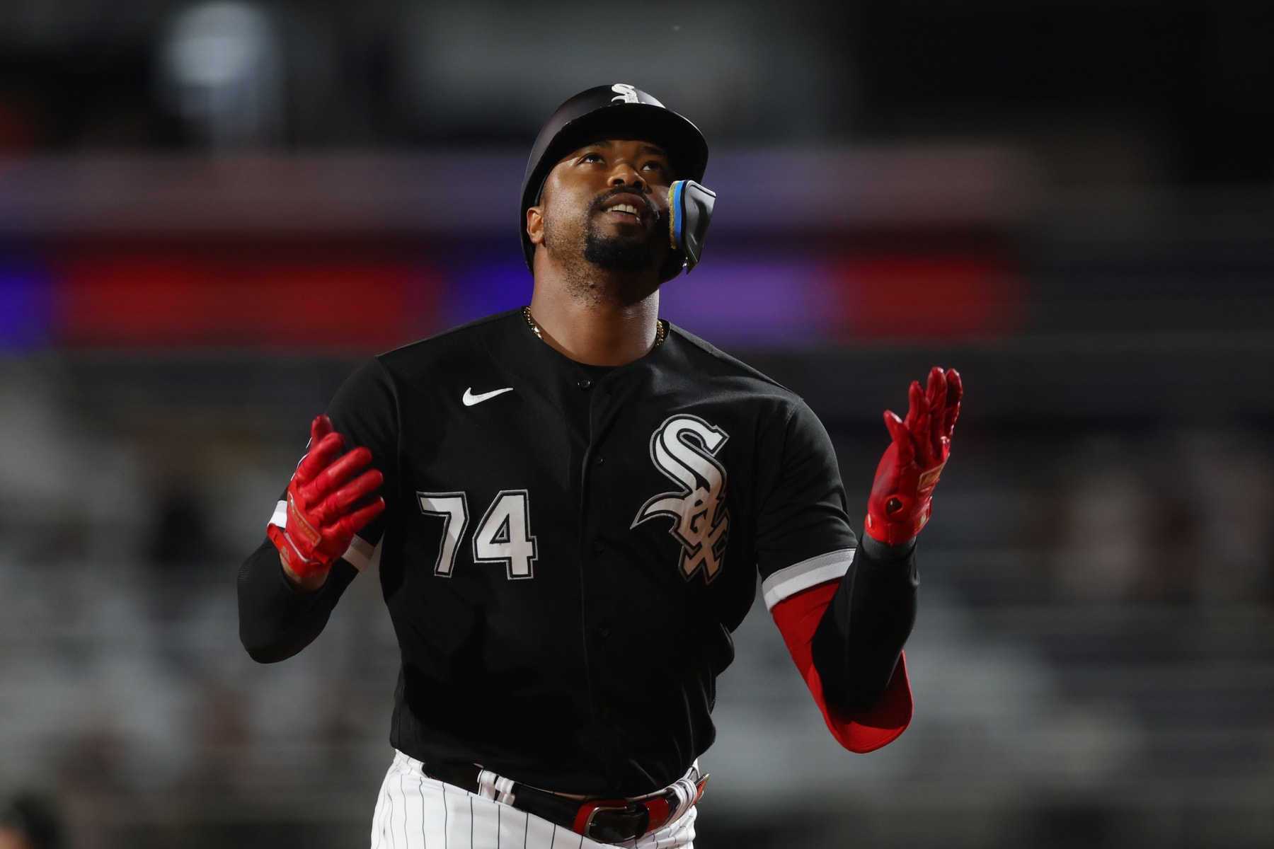 CHICAGO, ILLINOIS - SEPTEMBER 12: Eloy Jimenez #74 of the Chicago White Sox celebrates as he rounds the bases after hitting a solo home run off Jordan Lyles #24 of the Kansas City Royals during the fifth inning at Guaranteed Rate Field on September 12, 2023 in Chicago, Illinois. (Photo by Michael Reaves/Getty Images)