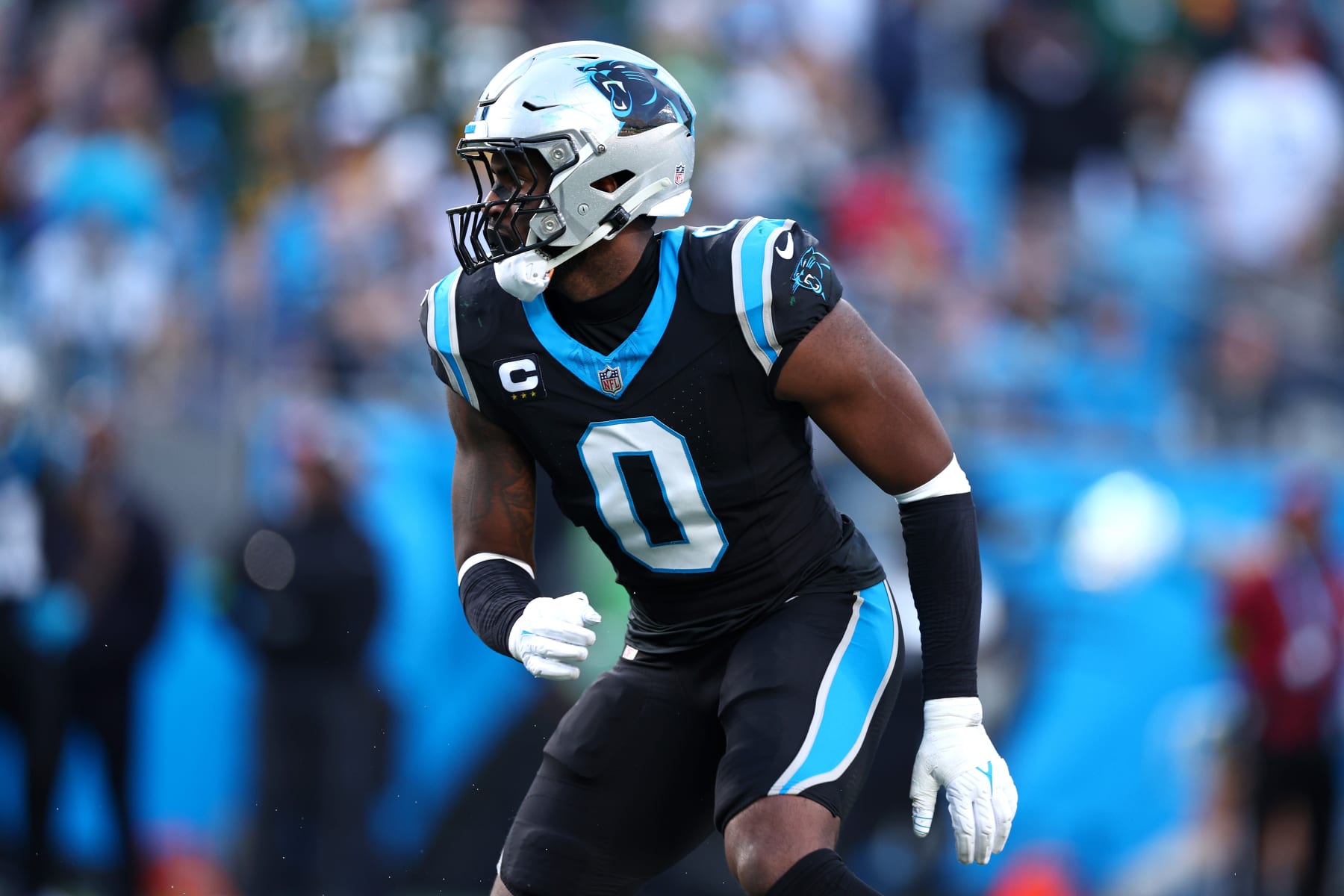 CHARLOTTE, NORTH CAROLINA - DECEMBER 24: Brian Burns #0 of the Carolina Panthers readies for the play during the second half of the game against the Green Bay Packers at Bank of America Stadium on December 24, 2023 in Charlotte, North Carolina. (Photo by Jared C. Tilton/Getty Images)