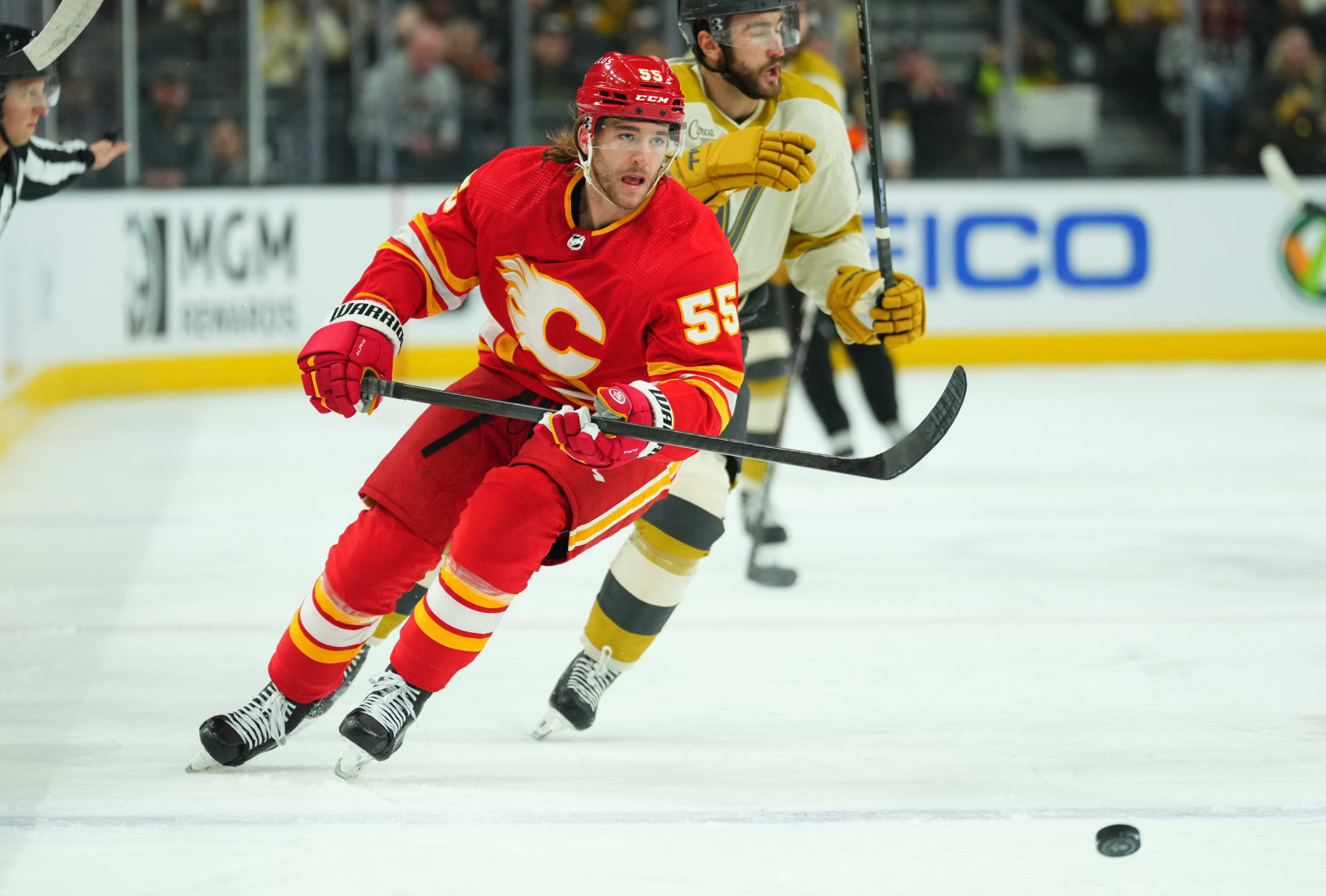 LAS VEGAS, NEVADA - JANUARY 13: Noah Hanifin #55 of the Calgary Flames skates during the first period against the Vegas Golden Knights at T-Mobile Arena on January 13, 2024 in Las Vegas, Nevada. (Photo by Jeff Bottari/NHLI via Getty Images)