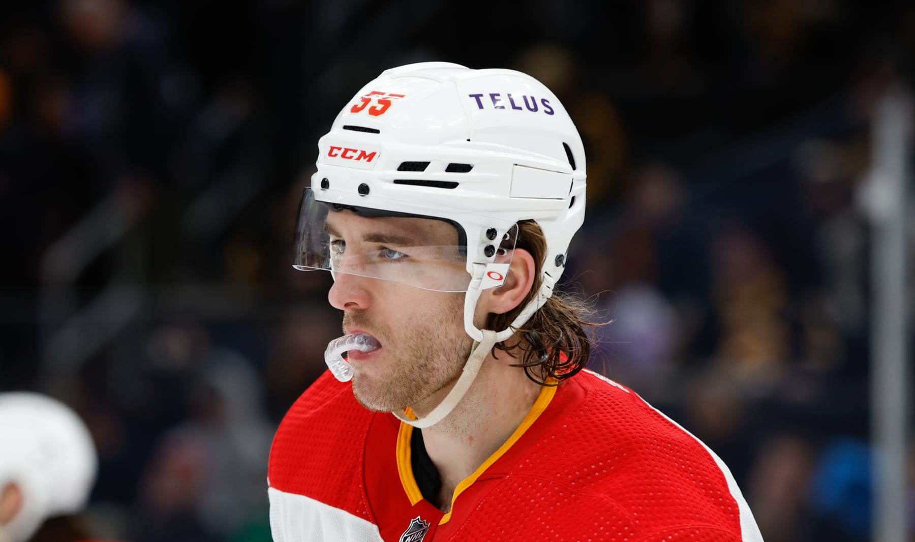 BOSTON, MASSACHUSETTS - FEBRUARY 6: Noah Hanifin #55 of the Calgary Flames skates against the Boston Bruins during the third period at the TD Garden on February 6, 2024 in Boston, Massachusetts. The Flames won 4-1. (Photo by Richard T Gagnon/Getty Images)