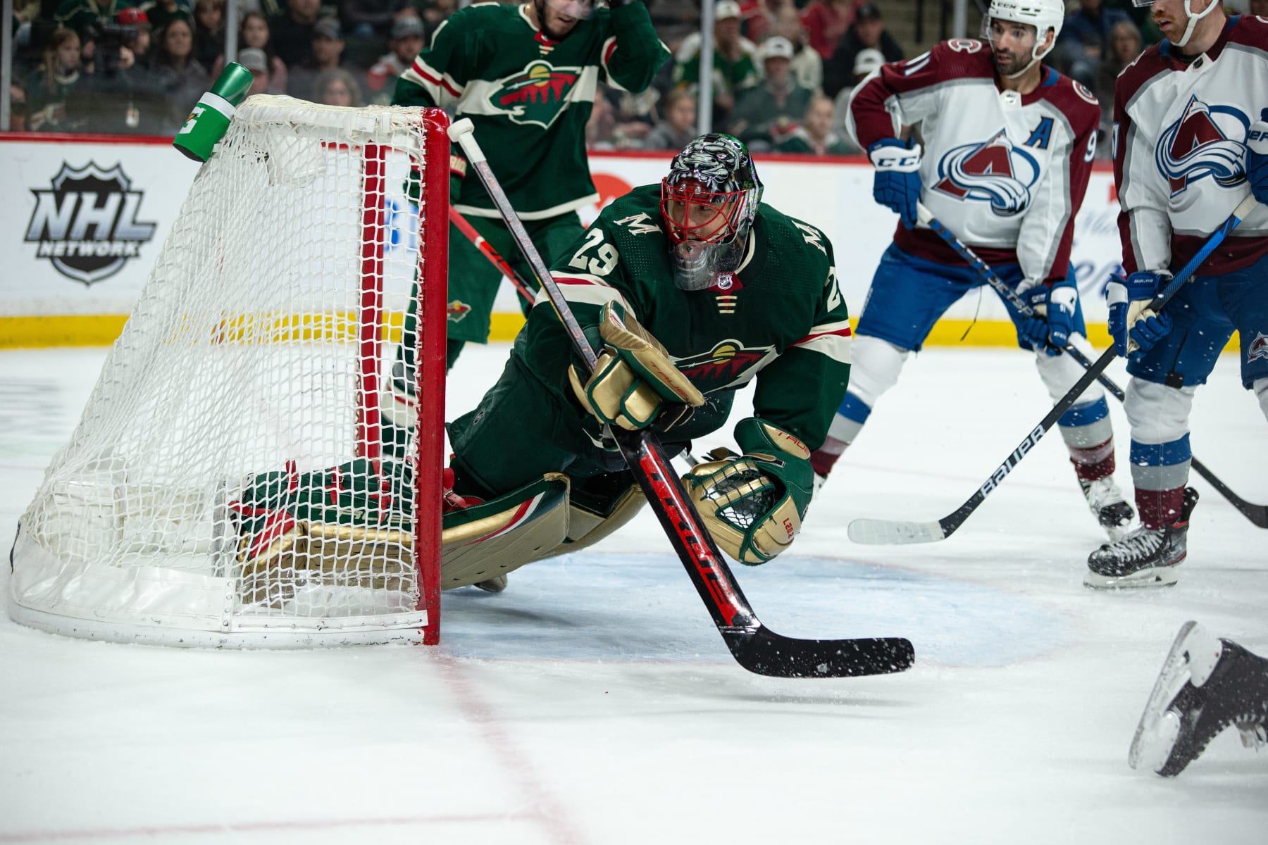 SAINT PAUL, MN - APRIL 29: Minnesota Wild Goalie Marc-Andre Fleury (29) makes a save during the NHL game between the Colorado Avalanche and the Minnesota Wild on April 29th, 2022, at Xcel Energy Center in Saint Paul, MN. (Photo by Bailey Hillesheim/Icon Sportswire via Getty Images)