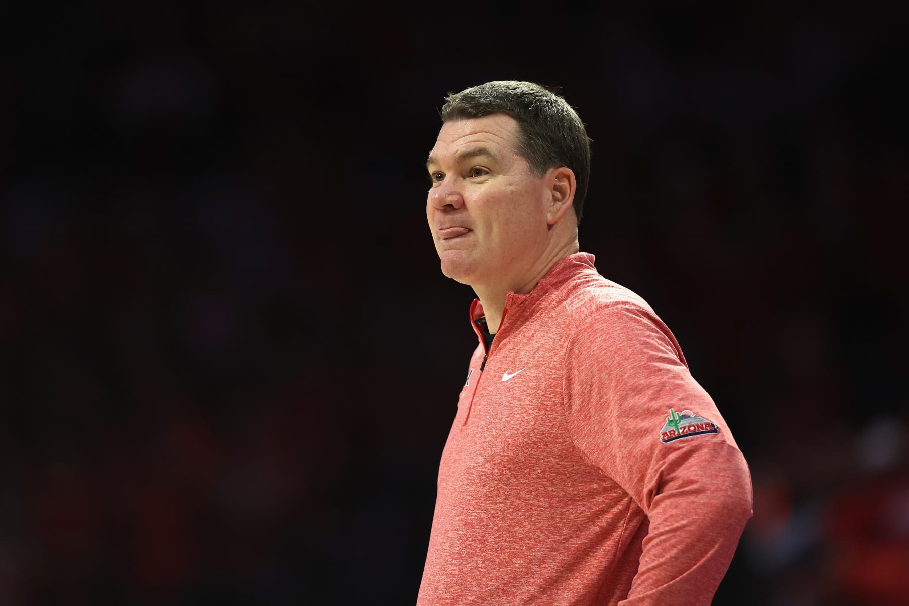 TUCSON, ARIZONA - FEBRUARY 17: Head coach Tommy Lloyd of the Arizona Wildcats reacts during the second half of the NCAAB game against the Arizona State Sun Devils at McKale Center on February 17, 2024 in Tucson, Arizona. (Photo by Christian Petersen/Getty Images)