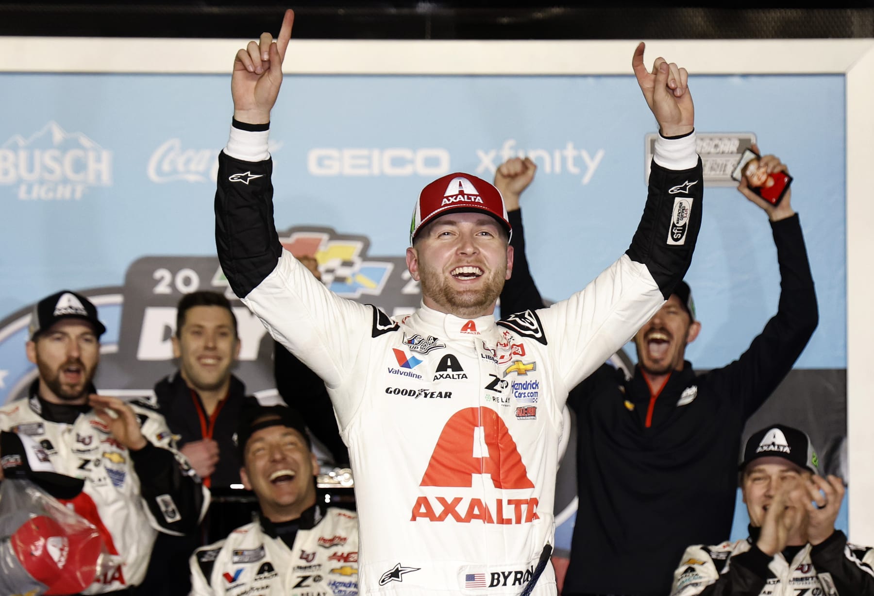 DAYTONA BEACH, FLORIDA - FEBRUARY 19: William Byron, driver of the #24 Axalta Chevrolet, celebrates in victory lane after winning the NASCAR Cup Series Daytona 500 at Daytona International Speedway on February 19, 2024 in Daytona Beach, Florida. (Photo by Chris Graythen/Getty Images)