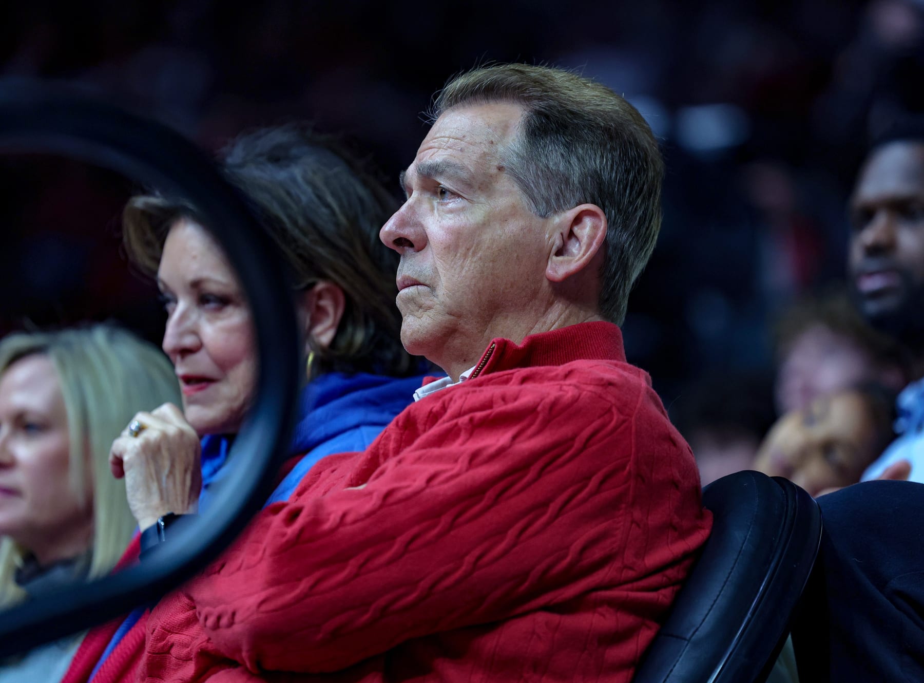 TUSCALOOSA, ALABAMA - FEBRUARY 17: Former University of Alabama head football coach Nick Saban and wife Terry take in first half action between the Alabama Crimson Tide and Texas A&M Aggies at Coleman Coliseum on February 17, 2024 in Tuscaloosa, Alabama. (Photo by Brandon Sumrall/Getty Images)