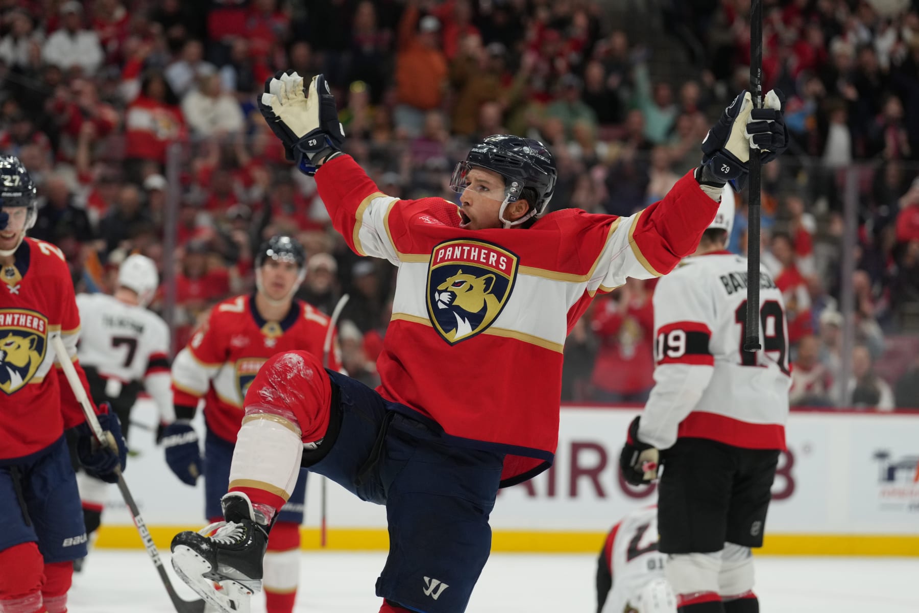 SUNRISE, FL - FEBRUARY 20: Florida Panthers defenseman Brandon Montour (62) celebrates his goal in the second period during the game between the Ottawa Senators and the Florida Panthers on Tuesday, February 20, 2024 at Amerant Bank Arena, Sunrise, Fla.(Photo by Peter Joneleit/Icon Sportswire via Getty Images)