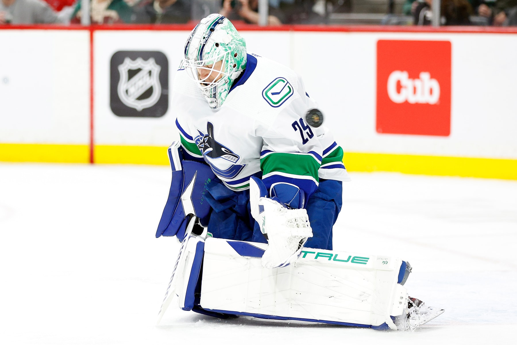ST PAUL, MINNESOTA - FEBRUARY 19: Casey DeSmith #29 of the Vancouver Canucks has a puck shot by Matt Boldy #12 of the Minnesota Wild go past for a goal in the second period at Xcel Energy Center on February 19, 2024 in St Paul, Minnesota. (Photo by David Berding/Getty Images)