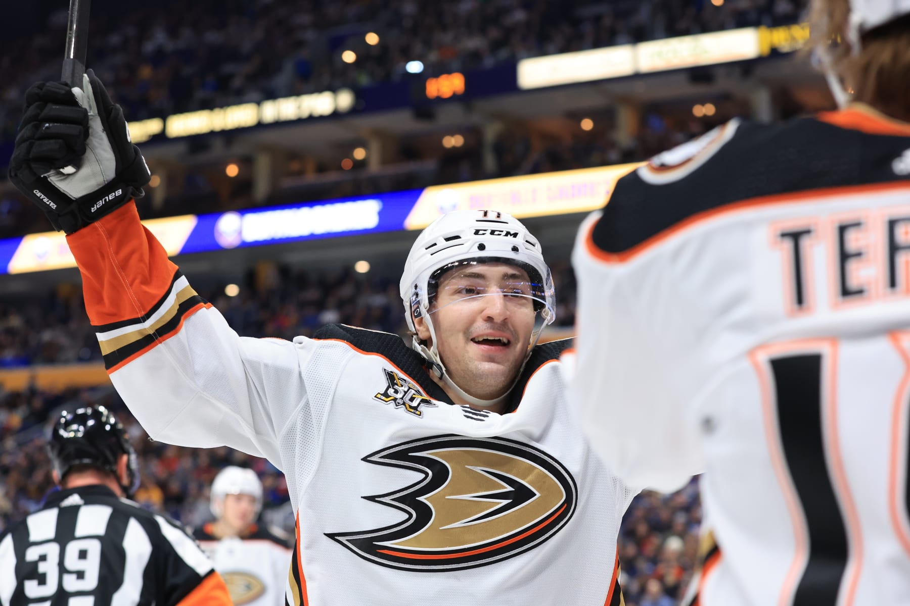 BUFFALO, NEW YORK - FEBRUARY 19: Frank Vatrano #77 of the Anaheim Ducks celebrates a goal by Troy Terry #19 during an NHL game against the Buffalo Sabres on February 19, 2024 at KeyBank Center in Buffalo, New York. (Photo by Bill Wippert/NHLI via Getty Images)