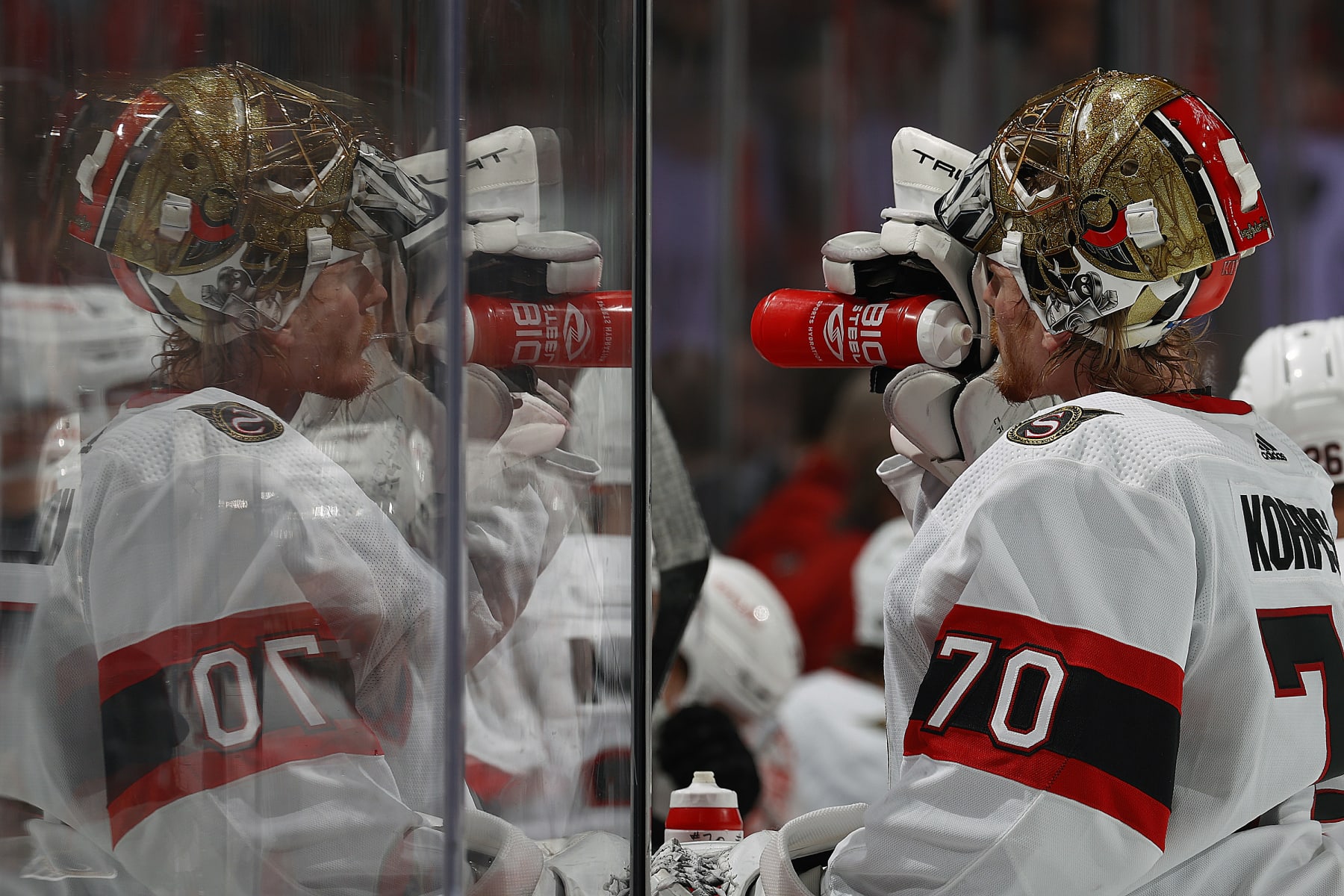 SUNRISE, FLORIDA - FEBRUARY 20: Goaltender Joonas Korpisalo #70 of the Ottawa Senators cools off during a break in the action against the Florida Panthers at the Amerant Bank Arena on February 20, 2024 in Sunrise, Florida. (Photo by Eliot J. Schechter/NHLI via Getty Images)