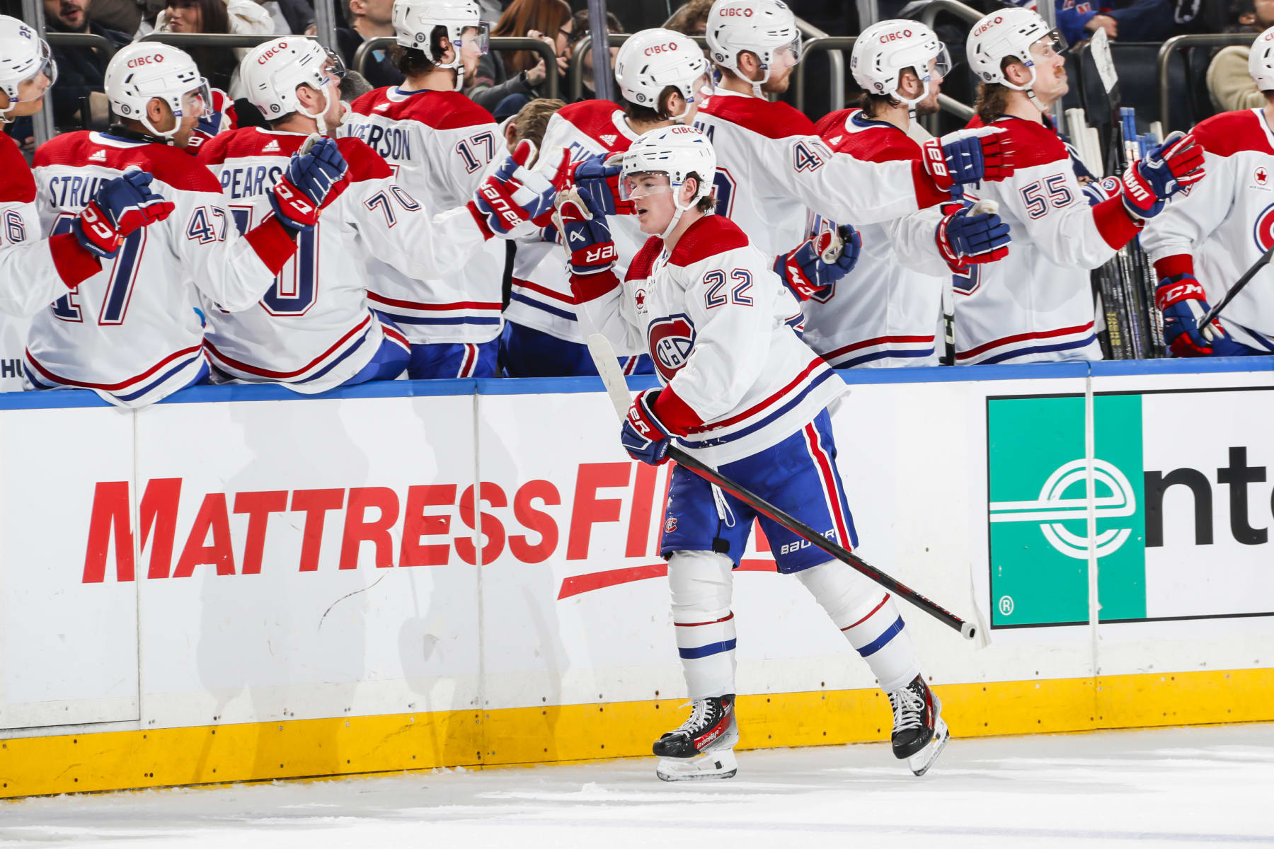NEW YORK, NEW YORK - FEBRUARY 15: Juraj Slafkovsky #20 of the Montreal Canadiens skates down the bench after his third period goal against the New York Rangers at Madison Square Garden on February 15, 2024 in New York City. (Photo by Jared Silber/NHLI via Getty Images)