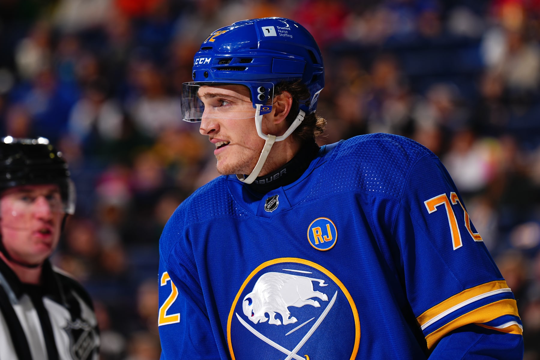 BUFFALO, NEW YORK - FEBRUARY 19: Tage Thompson #72 of the Buffalo Sabres reacts during the second period against the Anaheim Ducks during an NHL game on February 19, 2024 at KeyBank Center in Buffalo, New York. (Photo by Ben Ludeman/NHLI via Getty Images)