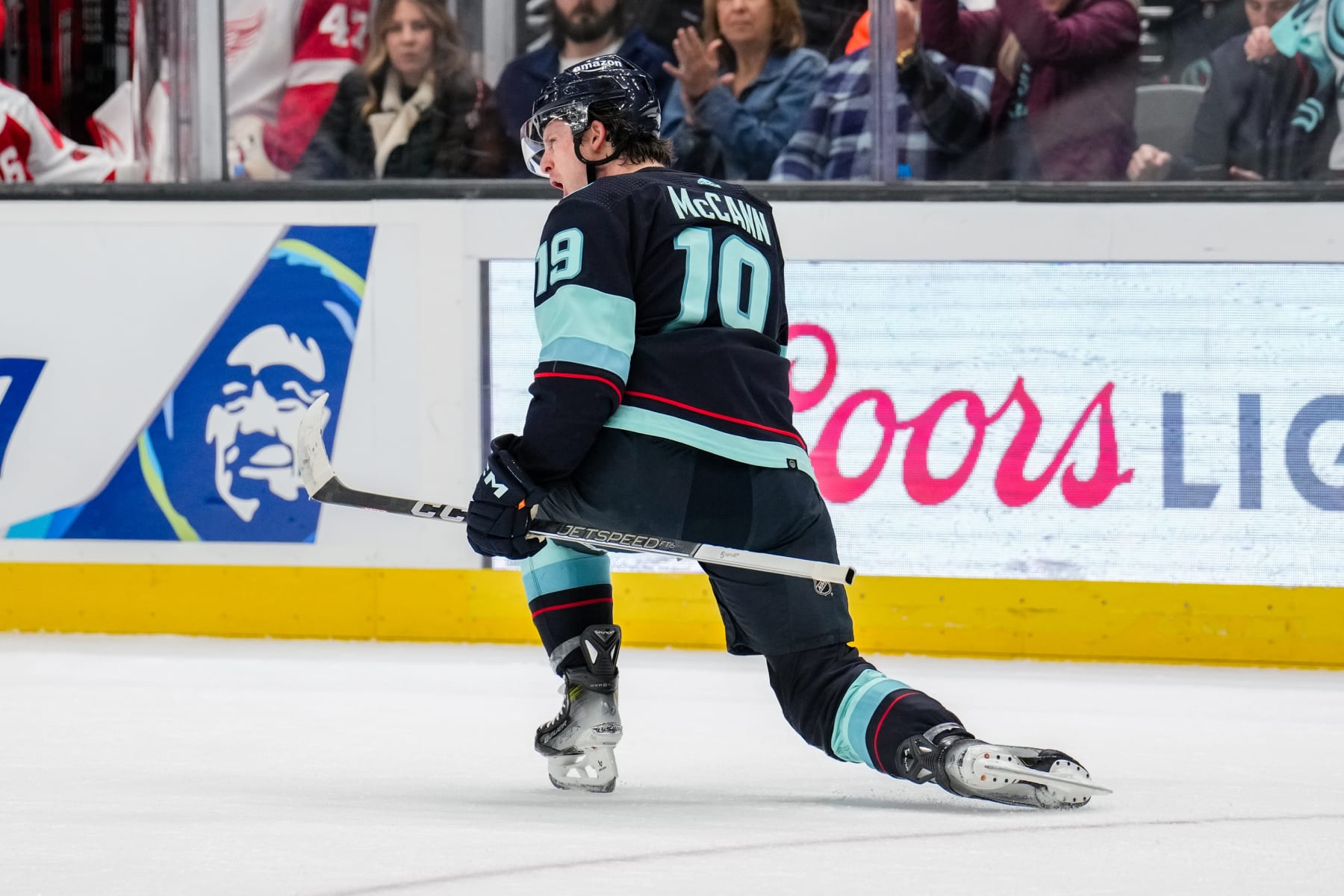 SEATTLE, WASHINGTON - FEBRUARY 19: Jared McCann #19 of the Seattle Kraken celebrates after scoring goal during the first period of a game against the Detroit Red Wings at Climate Pledge Arena on February 19, 2024 in Seattle, Washington. (Photo by Christopher Mast/NHLI via Getty Images)