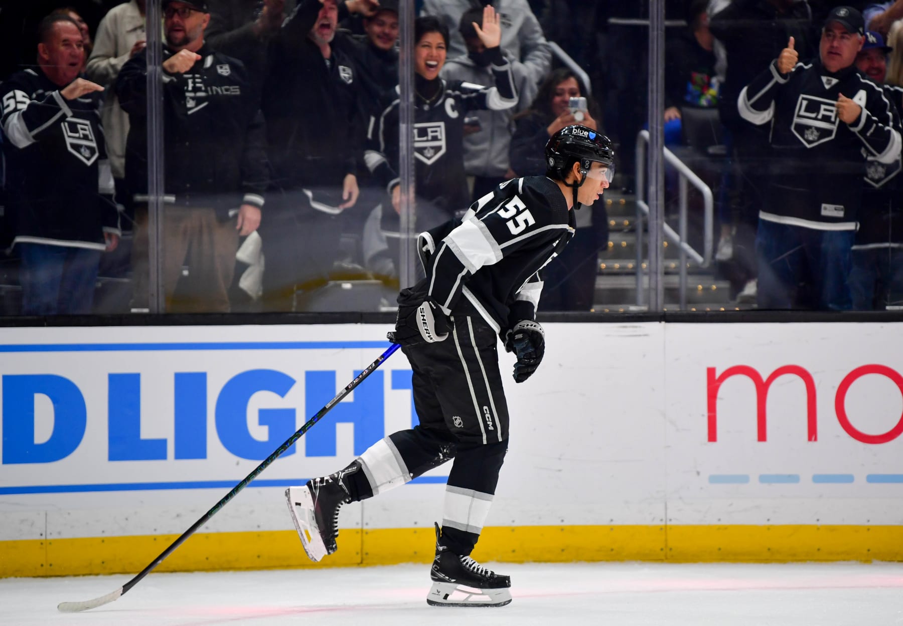 LOS ANGELES, CA - FEBRUARY 20: Quinton Byfield #55 of the Los Angeles Kings celebrates his goal with teammates during the first period against the Columbus Blue Jackets at Crypto.com Arena on February 20, 2024 in Los Angeles, California. (Photo by Gary A. Vasquez/NHLI via Getty Images)
